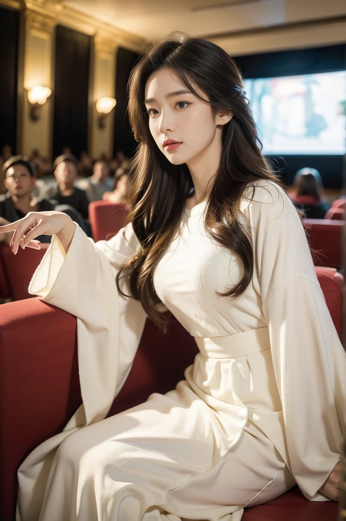 (((best quality))),(((ultra detailed))),(((masterpiece))),illustration, girl sitting in a movie theater, white short-sleeved shirt, flowing long skirt, beautiful girl, elegant figure, youthful innocence, radiant skin, focused eyes, movie screen, dimly lit theater, plush seating, intricate decorations, freshly popped popcorn, anticipation, peaceful expression, cozy surroundings, summer night, luxurious theater, tranquility, joy