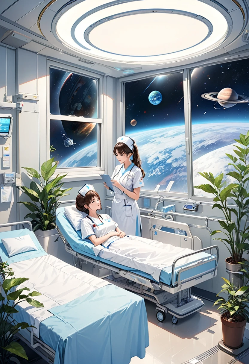 masterpiece, best quality, high resolution, realistic, detailed, Female nurses, science fiction hospital rooms in planetary orbit, artificial plants, nursing beds, stars in deep space seen from the window,
