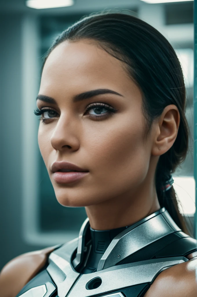 stunning full head portrait of a beautiful brazilian woman model, ultra realistic woman android cyborg , ultra realistic real human skin in silicon, like a doll, sensual lips and mouth, in love, cold laboratory, medical picture, minimalist, realistic, mockup shot, cold tones, close - up shot, colors grading, honeycore, selective focus, sunny days, 35mm lens, eye level angle centred shot,