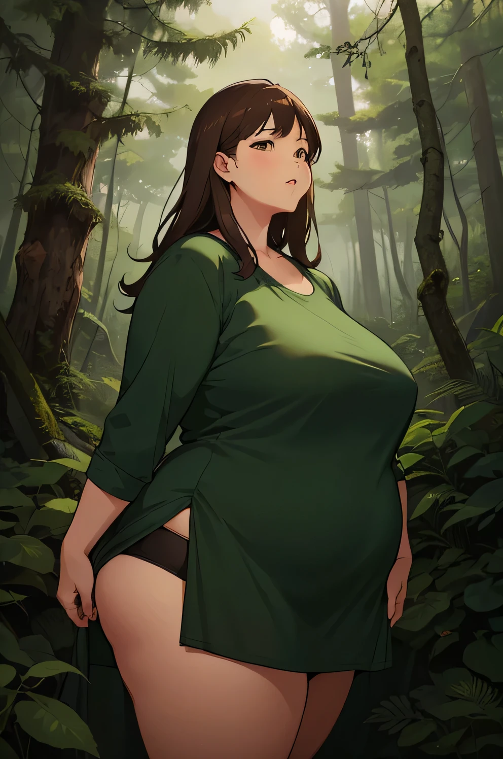 1woman, chubby, long brown hair, wearing a tight dark green cloth dress, standing in the forest, from the front, teasing, adult., mature, overweight. small breasts, adult face. mature face. pretty face, facing the front, smaller breasts.