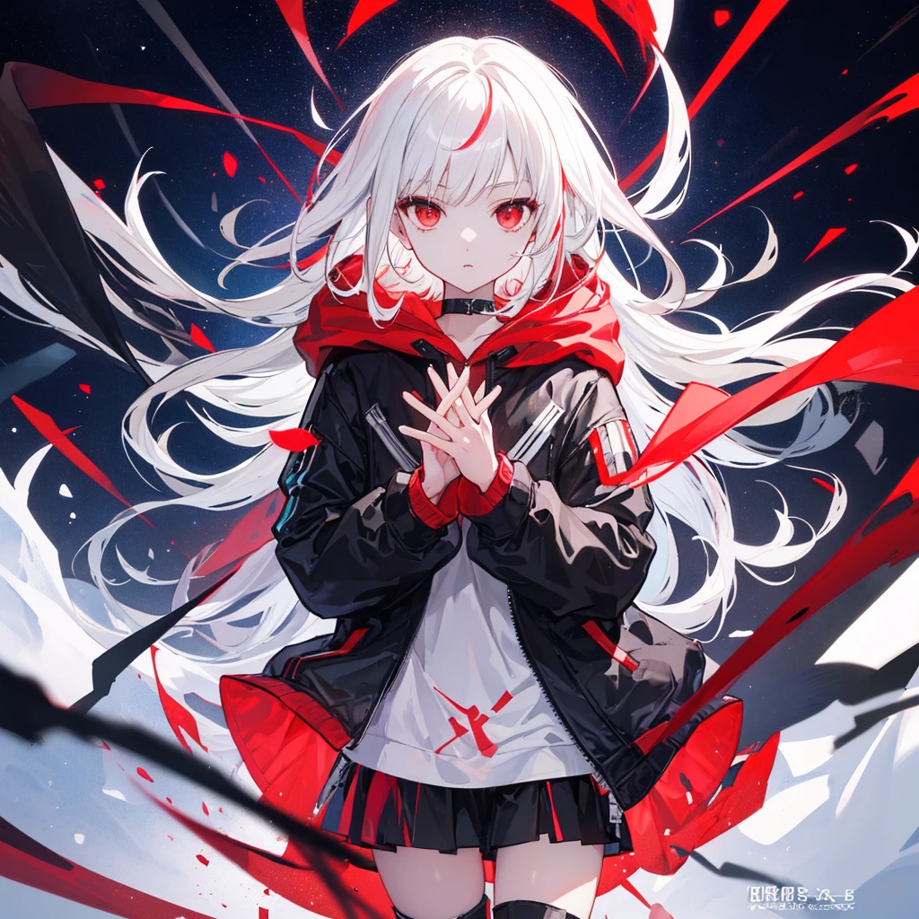 (masterpiece,Highest quality,Anime Style,atmosphere,More Information,CG rendering,Character portrait,Ray Tracing)(Holographic Projection,White Hair,Hair Straightening,Red Eyes,Black hooded jacket,There is a red cube in my hand,Black boots,Surrounded by red particles)(The background is a starry sky)、Solo、Beautiful Hands、Beautiful fingers