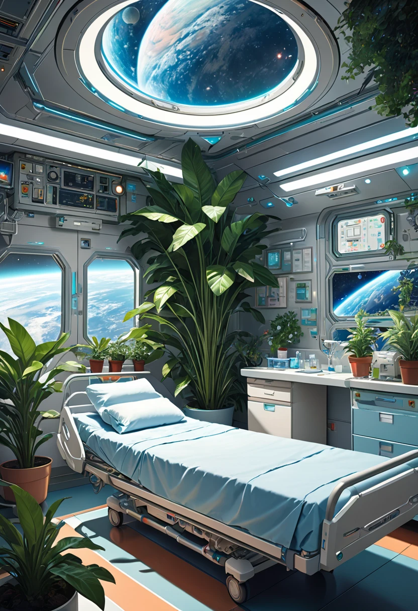 masterpiece, best quality, high resolution, realistic, detailed, Female nurse, science fiction hospital rooms in planetary orbit, artificial plants, nursing beds, stars in deep space seen from the window,