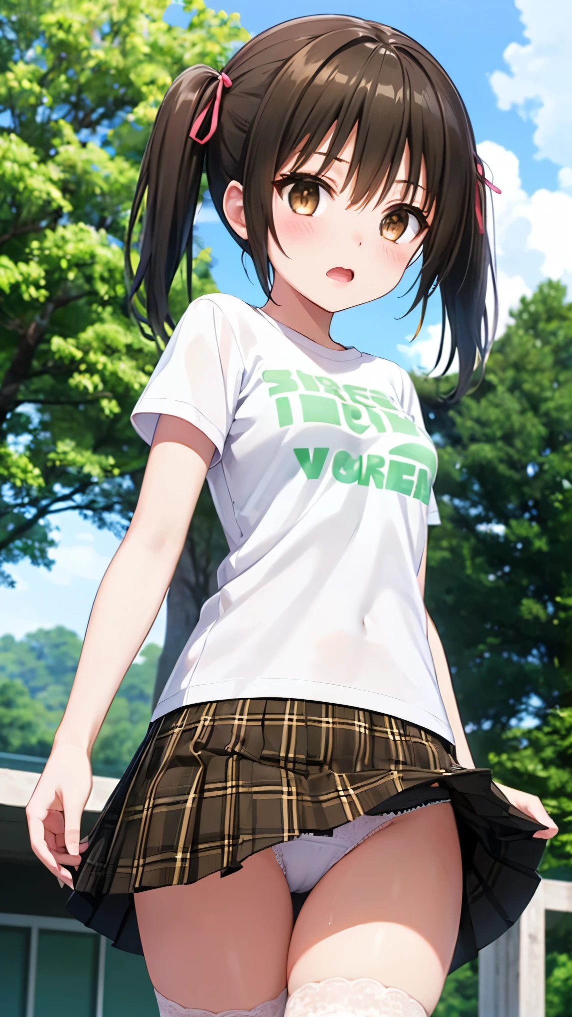 best quality,1girl,((((li)))),curvy,orgasm,blush,yui kotegawa, black hair, (brown eyes:1.5), short hair, ((twintail)), hair ribbon, ((black skirt, plaid skirt, white t-shirt, short sleeves:1.3)),((lift skirt,upskirt,white panties,lace panties)),thighhighs,pussy juice,forest,forest林,walking