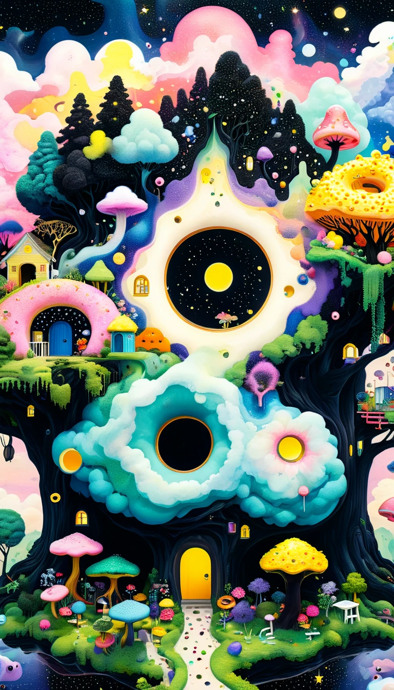 Strong visual fusion of multiple elements,Broto,来自Star的艺术家,Colorful black,Dopamine color scheme,Colored donuts、树洞里的Star、cloud、sponge、House in the trees、Eye、Stash、Tentacles,Describing the inner world of autistic people,(密集Pointillism method)。Smooth lines。interesting,Strange illustration。Pointillism method。Strong contrast。Award-winning works。