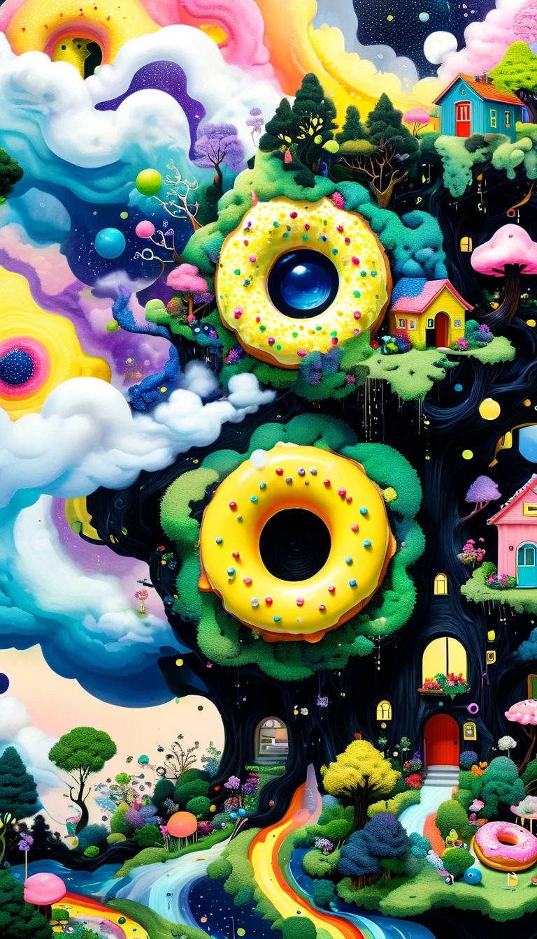 Strong visual fusion of multiple elements,Broto,来自Star的艺术家,Colorful black,Dopamine color scheme,Colored donuts、树洞里的Star、cloud、sponge、House in the trees、Eye、Stash、Tentacles,Describing the inner world of autistic people,(密集Pointillism method)。Smooth lines。interesting,Strange illustration。Pointillism method。Strong contrast。Award-winning works。