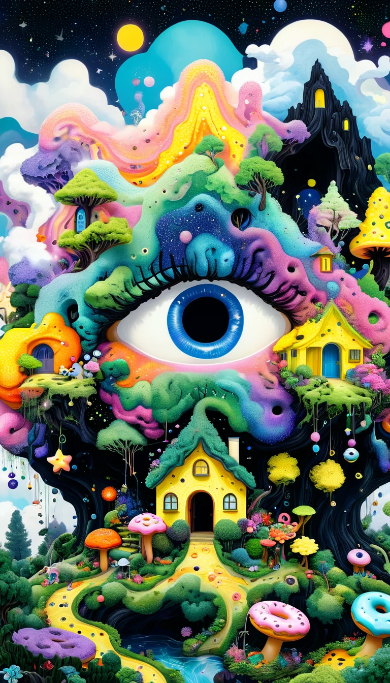 Strong visual fusion of multiple elements,Broto,来自Star的艺术家,Colorful black,Dopamine color scheme,Colored donuts、树洞里的Star、cloud、sponge、House in the trees、Eye、Stash、Tentacles,Describing the inner world of autistic people,(密集Pointillism method)。Smooth lines。interesting,Strange illustration。Pointillism method。Strong contrast。Award-winning works。