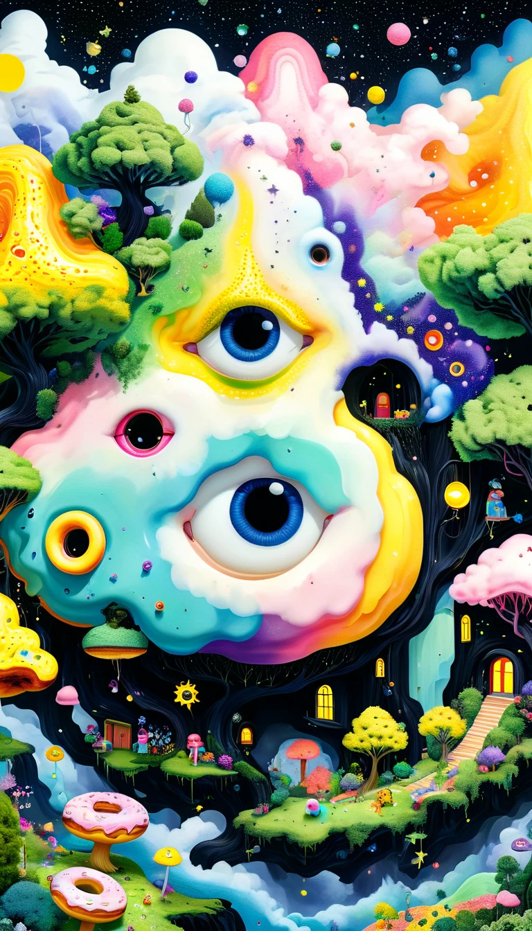 Strong visual fusion of multiple elements,Broto,来自Star的艺术家,Colorful black,Dopamine color scheme,Colored donuts、树洞里的Star、cloud、sponge、House in the trees、Eye、Stash、Tentacles,Describing the inner world of autistic people,(密集Pointillism method)。Smooth lines。interesting,Strange illustration。Pointillism method。Strong contrast。Award-winning works。