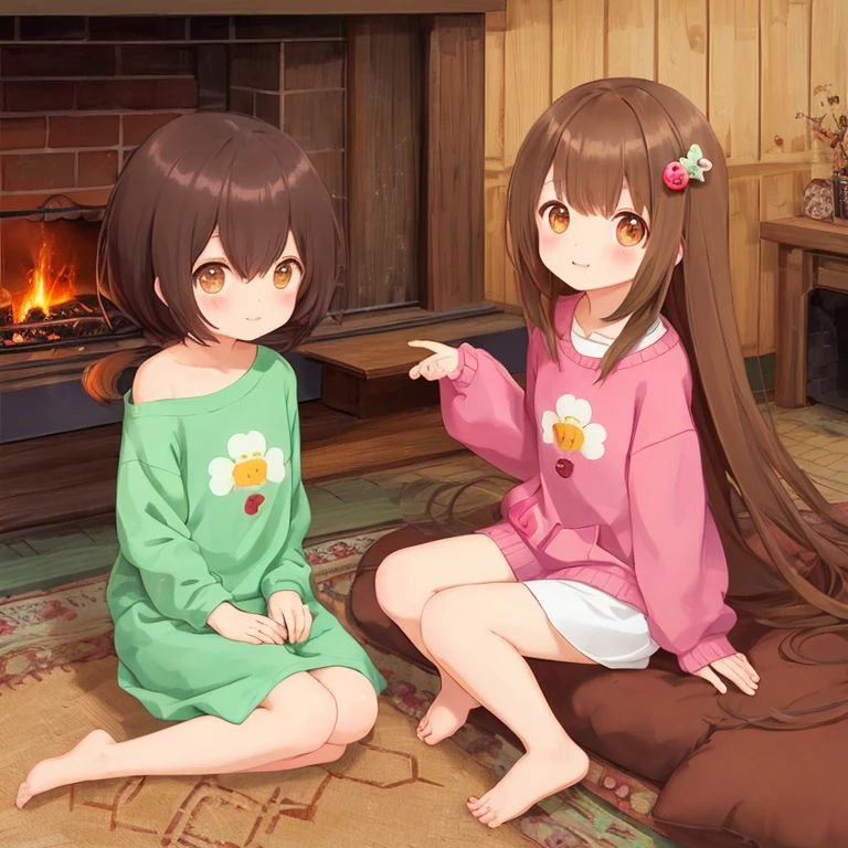 cartoon boy and girl of the same appearance(twins), 18 years, Same height, Brown eyes, medium length brown tousled hair, sitting on the carpet in a log village house next to the fireplace, Free poses, loose clothing style (comfortable home clothes, minimum clothing), free interaction with each other, many small environmental details, complex parts, High quality textures, beautiful proportional bodies, charming digital painting, cute detailed digital art, digital anime illustration, cute digital art, Cyril Rolando and Goro Fujita, Lois van Baerle and Rossdraus, cute art style