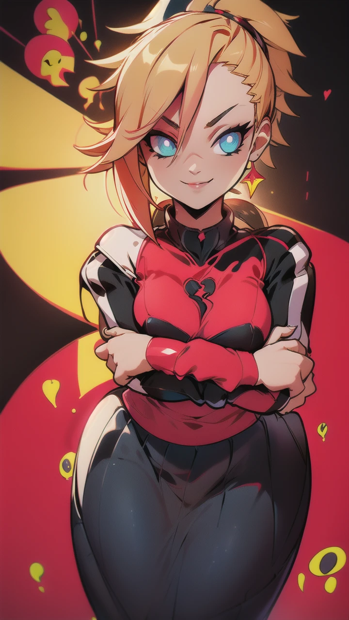 masterpiece,Highest quality,One girl,Harp Notes_Mega Man,Blonde,short hair,Bodysuits,heart,((Helmet)),Green Eyes,smile,Leaning forward,Put your arms behind your back,View your viewers,