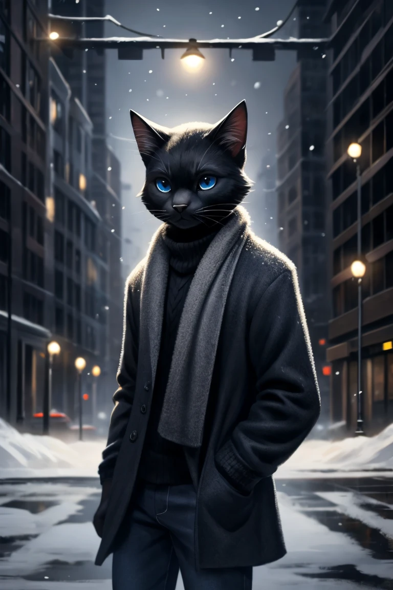 solo, 1boy, black cat, white muzzle, black nose, black bang, blue eyes, cat pupils, dressed in black wool sweater with a neck, grey drape coat and dark blue jeans, night, 50s city, winter, snow, half-body