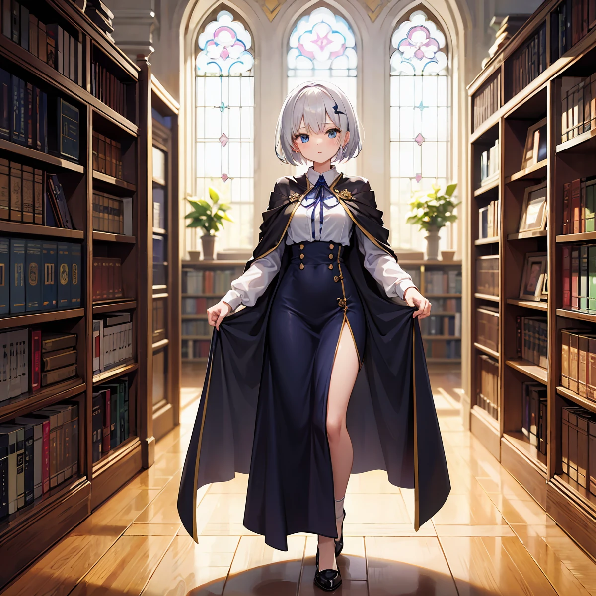 50 year old woman, long grey hair, bangs, big sad eyes, sweet smile, flat chest, choker collar, heavy bracelets, nude, naked, ((pubic hair)), gothic window in background, standing, hand on hip, legs wide open, library, books, cinematic lighting, masterpiece, best quality