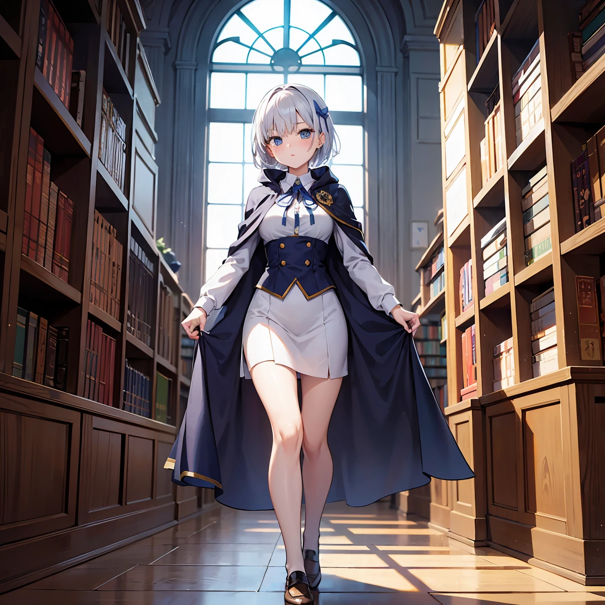 In a medieval library、A young woman with short hair wearing a uniform and a cloak is holding a book。She wears a uniform with a blue ribbon and symbol.、There are many books on the shelves in the library。There were a few other students in the background.、Antique arched windows and decorations can be seen。She has silver hair and is tall and slender.。She is facing the front and、Walking towards here。Under the cloak is a 。Mature Woman