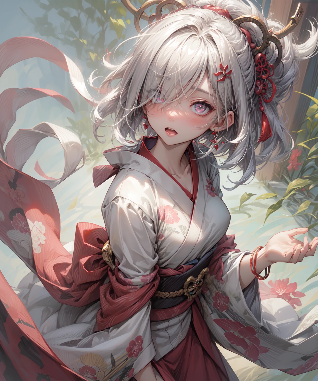 (Highest quality、High resolution、8k、masterpiece)。A Japanese-style room with a feel of the old days。Look away、Open your mouth、Pink Eyes、Silver Hair、Heart shaped pupil、teeth、tongue、tongueを出す、（Original Character, (1 Girl)、Perfect Face、((short hair:1.2))、(Hair above one eye:1.3)、[[Disheveled Hair]]、Detailed eyes that shine、Light and shadow、 ((High angle shot))、Full body、bracelet、necklace、Disheveled clothes、Follow the Silver Wolf、Edo Period、kimono、Shunga、Ukiyo-e、Show your back。Unhooking a bra from behind。Put your hands behind your back。