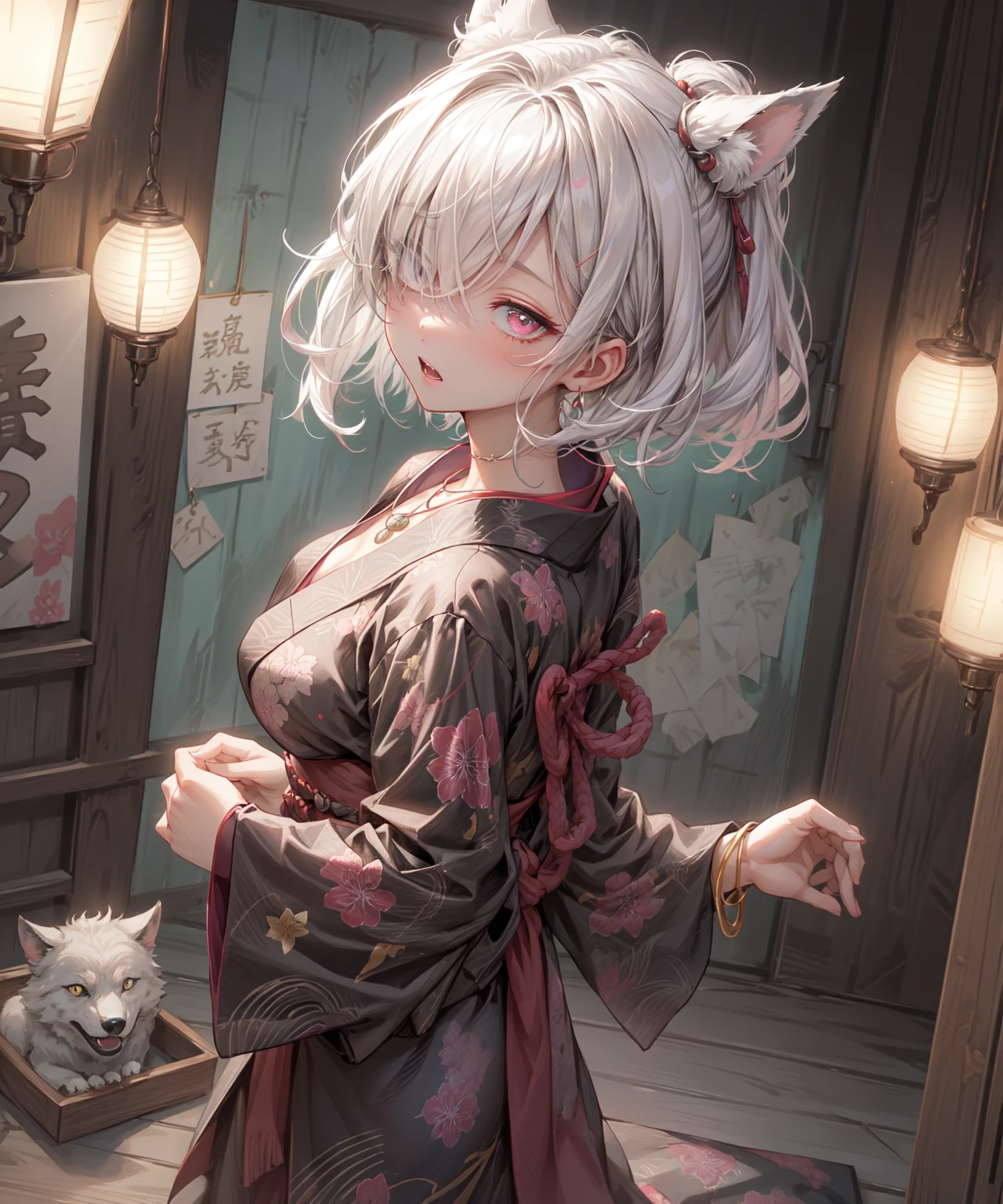 (Highest quality、High resolution、8k、masterpiece)。A Japanese-style room with a feel of the old days。Look away、Open your mouth、Pink Eyes、Silver Hair、Heart shaped pupil、teeth、tongue、tongueを出す、（Original Character, (1 Girl)、Perfect Face、((short hair:1.2))、(Hair above one eye:1.3)、[[Disheveled Hair]]、Detailed eyes that shine、Light and shadow、 ((High angle shot))、Full body、bracelet、necklace、Disheveled clothes、Follow the Silver Wolf、Edo Period、kimono、Shunga、Ukiyo-e、Show your back。Unhooking a bra from behind。Put your hands behind your back。