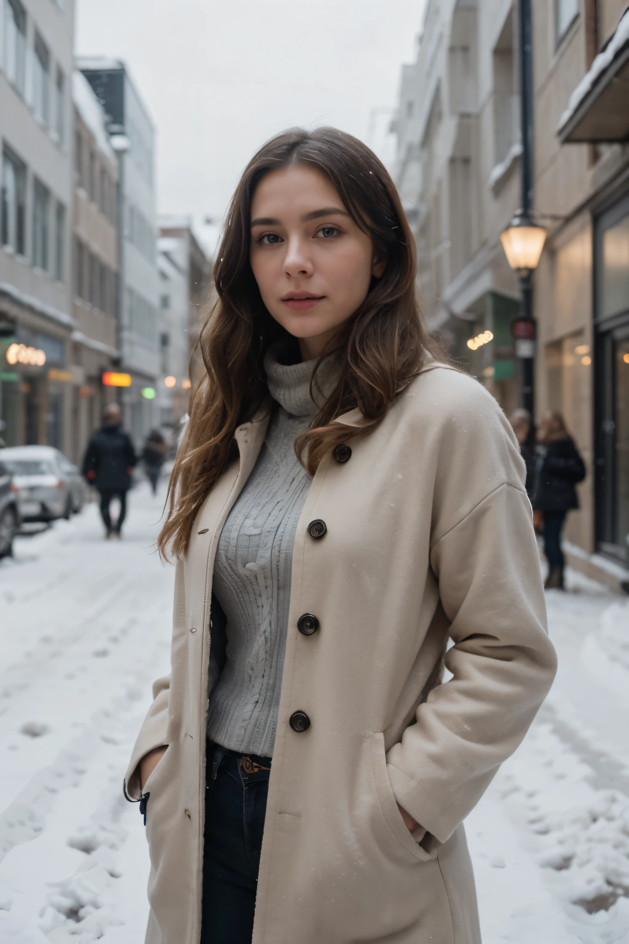 proFessional portrait photograph oF a gorgeous Norwegian girl in winter clothing with long wavy blonde hair, sultry Flirty look, gorgeous symmetrical Face, linda maquiagem natural, wearing elegante warm winter Fashion clothing, ((parado do lado de fora na rua nevada da cidade)), impressionante ambiente urbano moderno, ultra realistic, arte conceitual, elegante, Altamente detalhado, Intrincado, sharp Focus, depth oF Field, F/1. 8, 85mm, tiro médio, meio do tiro, (((proFessionally color graded))), bright soFt diFFused light, (volumetric Fog), tendências no instagram, hd 4k, 8K