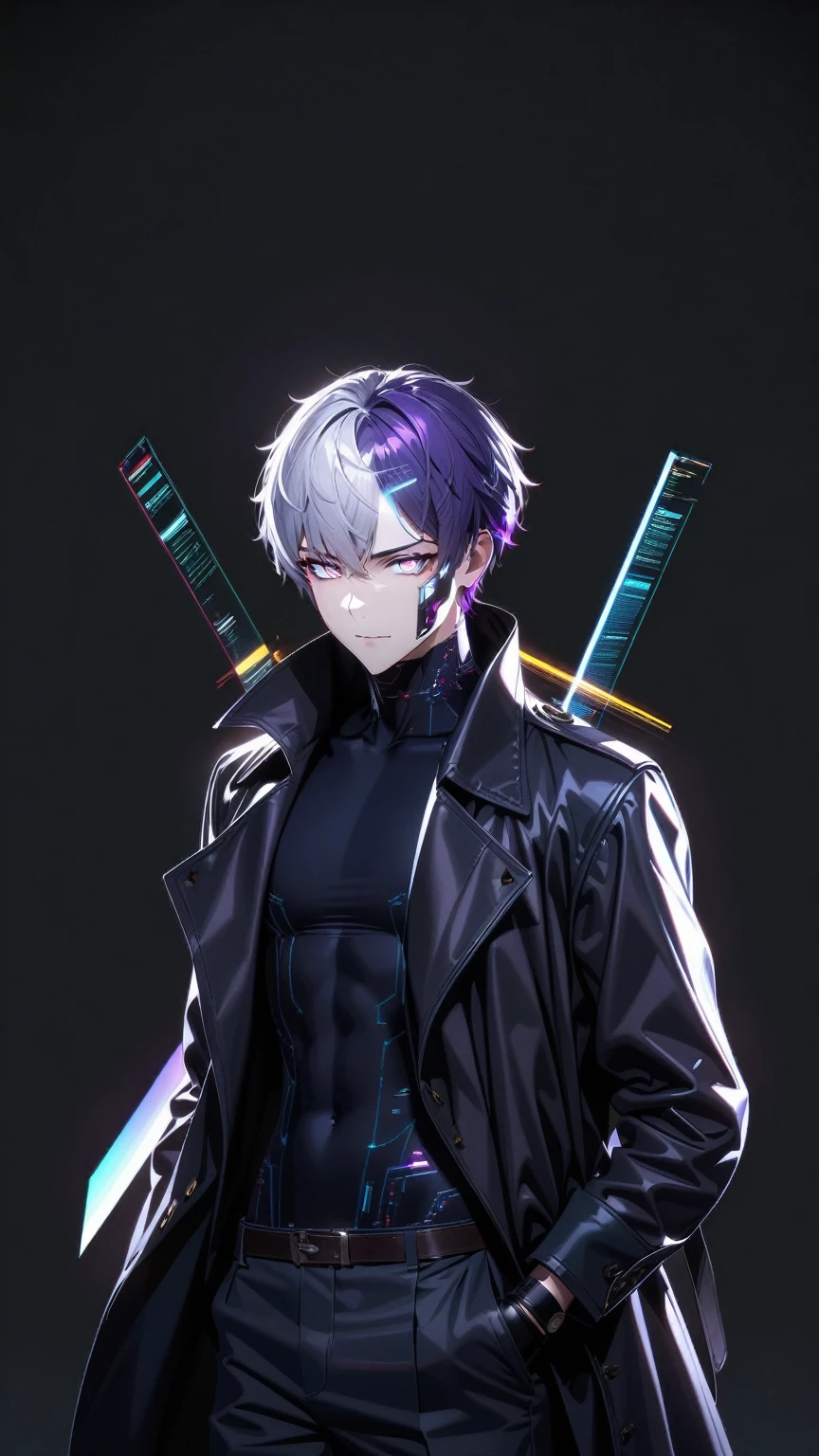 Masterpiece, Best Quality, Super Detailed, High Definition, Expensive Resolution, HDR, Super Detailed CG, Beautiful Details, Depth, Fine Texture, Super Fine, Complete concentration, Pale skin, Handsome man, smart and cool man, confident, short hair, white hair, purple hair highlight, beautiful detail eyes, yellow and purple eyes, glowing eyes, Black shirt and white jacket, beautiful detailed glow, extremely detailed eyes and face, futuristic, hlpr, (hologram, glitch, holographic face, ui, interface, nodes),