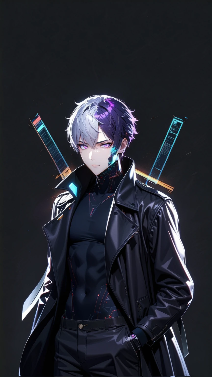Masterpiece, Best Quality, Super Detailed, High Definition, Expensive Resolution, HDR, Super Detailed CG, Beautiful Details, Depth, Fine Texture, Super Fine, Complete concentration, Pale skin, Handsome man, smart and cool man, confident, short hair, white hair, purple hair highlight, beautiful detail eyes, yellow and purple eyes, glowing eyes, Black shirt and white jacket, beautiful detailed glow, extremely detailed eyes and face, futuristic, hlpr, (hologram, glitch, holographic face, ui, interface, nodes), 