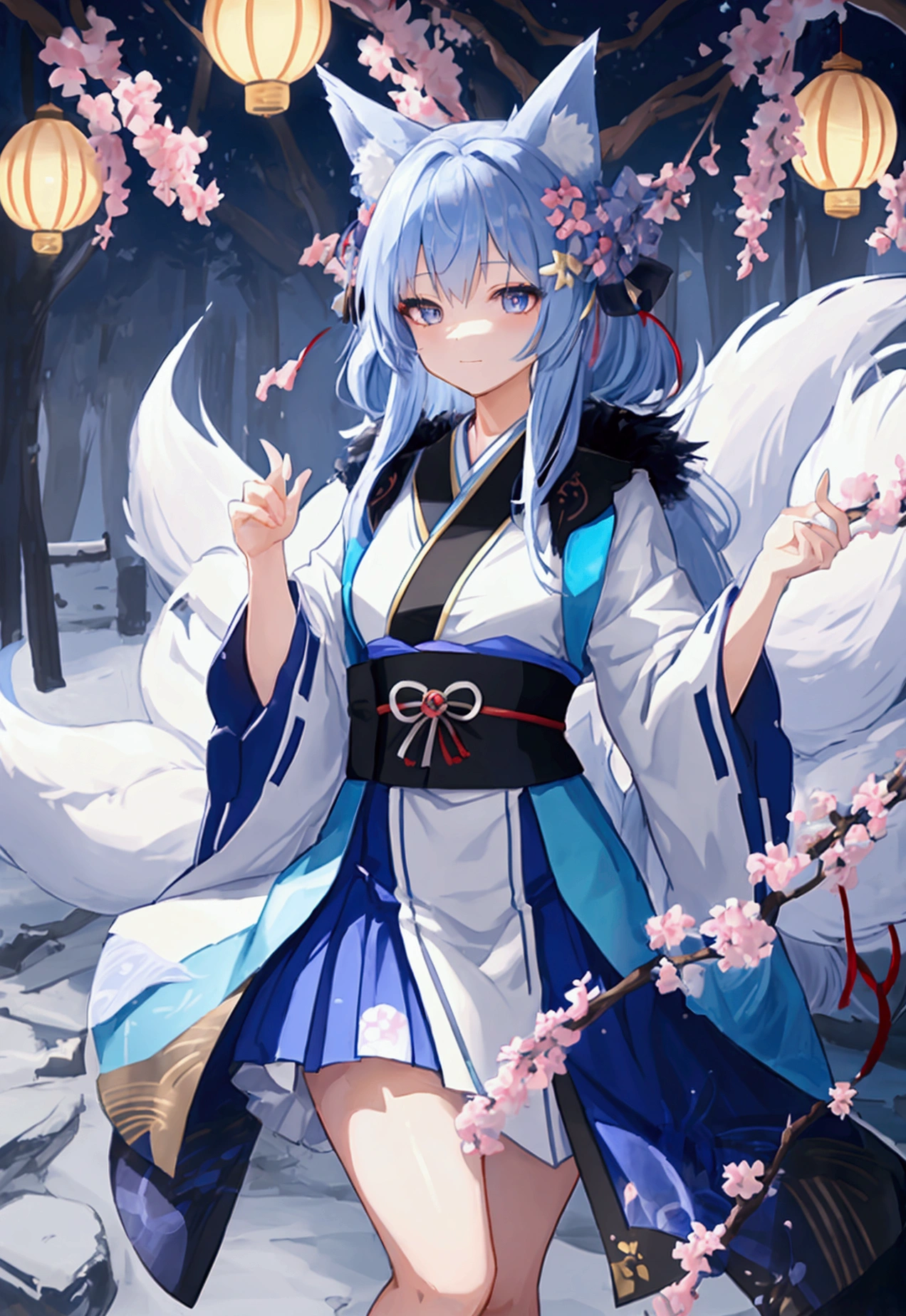 fox Light blue hair 　beast girl　indigo fur　fox beast girl　Anime Style　fox　blue　White-faced golden-haired nine-tailed fox　Coat blue　fox Light blue hair 　beast girl　indigo fur　fox beast girl　fox Light blue hair 　beast girl　indigo fur　fox beast girl　Wallpaper 4k,8k,highly detailled,,vivid colors,detailed kitsune with 9 tails,traditional Japanese artwork,tatami floor,beautiful cherry blossoms,floating lanterns,dark silhouette of a pagoda,subtle moonlight,dense forest,ethereal atmosphere,dappled sunlight,whimsical spirit,serene expression,elaborate kimono and obi,delicate hand-painted details,luminous eyes　Anime Style　fox　blue　White-faced golden-haired nine-tailed fox　Coat blue　　fox Light blue hair 　beast girl　indigo fur　fox beast girl　Anime Style　fox　blue　White-faced golden-haired nine-tailed fox　Coat blue　　　mysterious background　Blue Flame　girl　have a ball of light　fox Light blue hair 　beast girl　indigo fur　fox beast girl　mysterious background　Blue Flame　girl　have a ball of light Anime Style　fox　blue　White-faced golden-haired nine-tailed fox　Coat blue　　gender change　mysterious background　Blue Flame　girl　have a ball of light　　mysterious background　Blue Flame　girl　have a ball of light　fox Light blue hair 　beast girl　indigo fur　fox beast girl