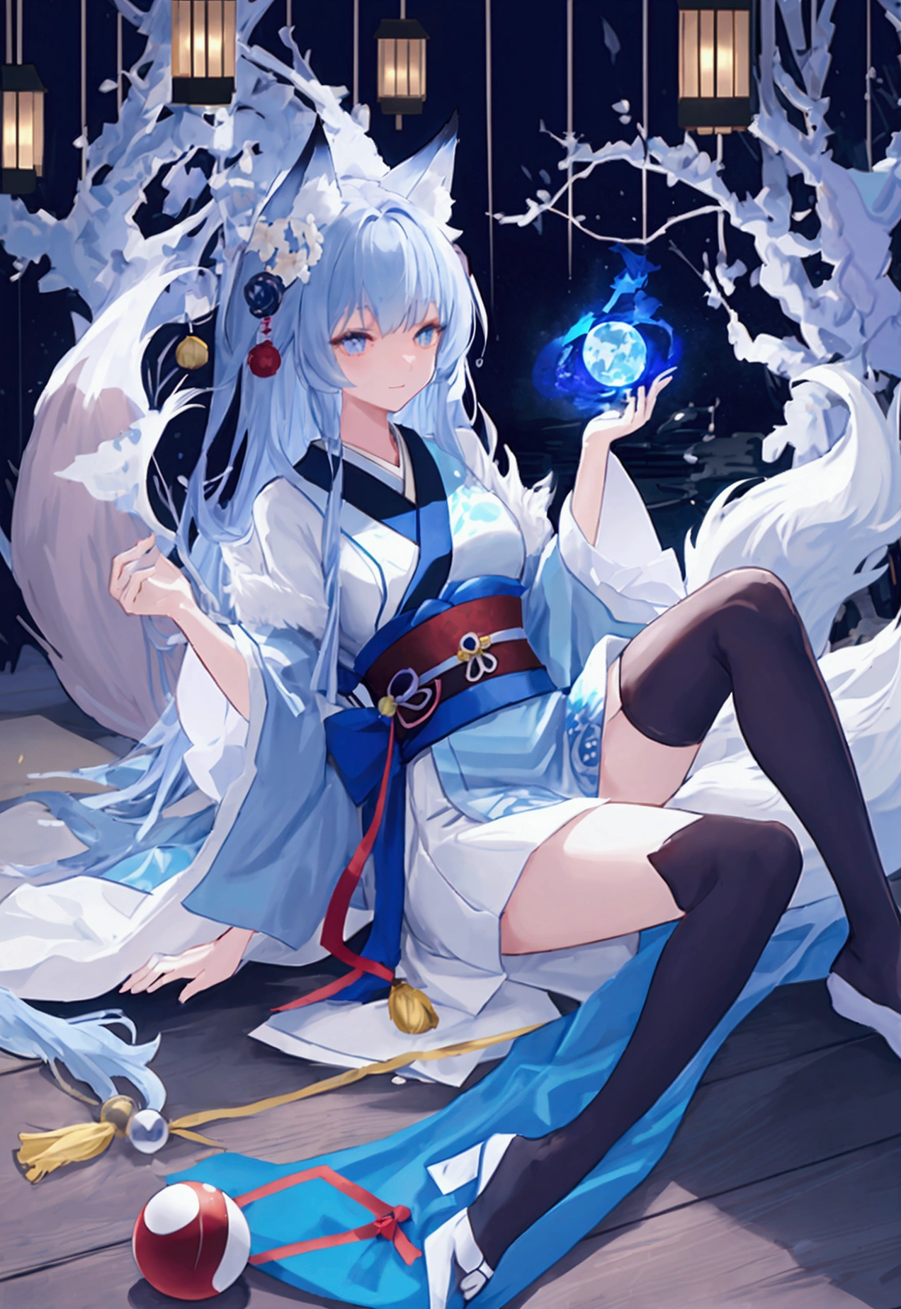 fox Light blue hair 　beast girl　indigo fur　fox beast girl　Anime Style　fox　blue　White-faced golden-haired nine-tailed fox　Coat blue　fox Light blue hair 　beast girl　indigo fur　fox beast girl　fox Light blue hair 　beast girl　indigo fur　fox beast girl　Wallpaper 4k,8k,highly detailled,,vivid colors,detailed kitsune with 9 tails,traditional Japanese artwork,tatami floor,beautiful cherry blossoms,floating lanterns,dark silhouette of a pagoda,subtle moonlight,dense forest,ethereal atmosphere,dappled sunlight,whimsical spirit,serene expression,elaborate kimono and obi,delicate hand-painted details,luminous eyes　Anime Style　fox　blue　White-faced golden-haired nine-tailed fox　Coat blue　　fox Light blue hair 　beast girl　indigo fur　fox beast girl　Anime Style　fox　blue　White-faced golden-haired nine-tailed fox　Coat blue　　　mysterious background　Blue Flame　girl　have a ball of light　fox Light blue hair 　beast girl　indigo fur　fox beast girl　mysterious background　Blue Flame　girl　have a ball of light Anime Style　fox　blue　White-faced golden-haired nine-tailed fox　Coat blue　　gender change　mysterious background　Blue Flame　girl　have a ball of light　　mysterious background　Blue Flame　girl　have a ball of light　fox Light blue hair 　beast girl　indigo fur　fox beast girl