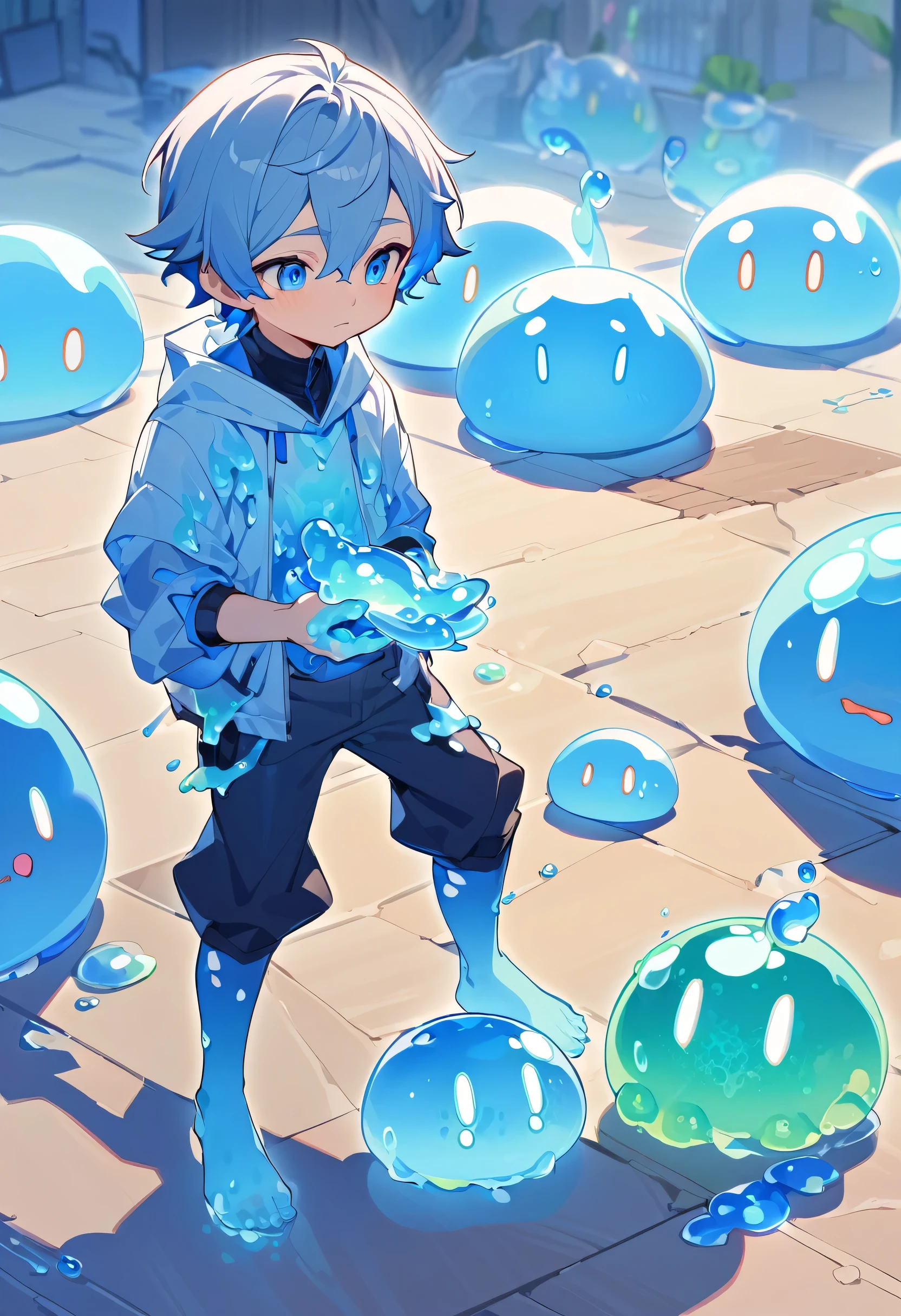 Little boy,boy,There is a tail,cute,Thin,struggle,Everlasting,Crystallization,Blue pigments,Blue feet,Blue hands,Blue Slime Spread Feet,Blue Slime Wrap Hand,illumination,freeze,Feet are frozen,charming,boys ,Blue crystal feet,Wearing tights,Full body portrait,smooth,full-body tights,Thin,Light blue gel coat,Wear only pants,outdoor,Small pants,Slime spreads on the body,outdoor,Standing,Blue anime eyes,Thin的Little boy,Blue Slime Wrap Foot,Blue Slime,Blue Slime Wrap Hand,Blue Slime Infestation,Put your hand in the slime,Slime Hand,Thin的Little boy,Boys,shota,Slime spreads on the body,Slime Clothes,Full body slime