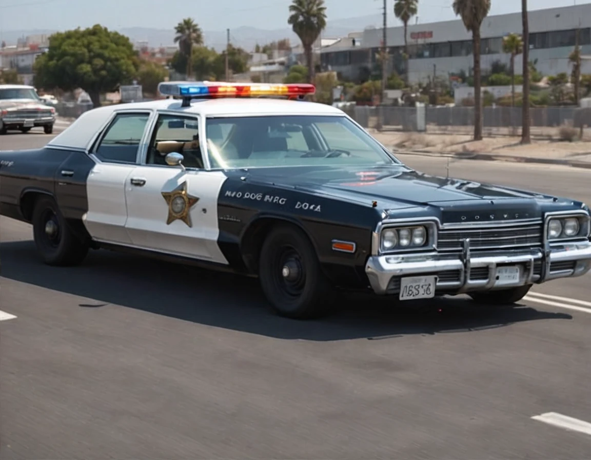 masterpiece、high quality。8k、Down Rt. 66, Nostalgic, Annual lighting display, california ,blue sky, sunny day, , 1Car, ,1974 Dodge Monaco  .California highway patrol police car is runnning at full speed