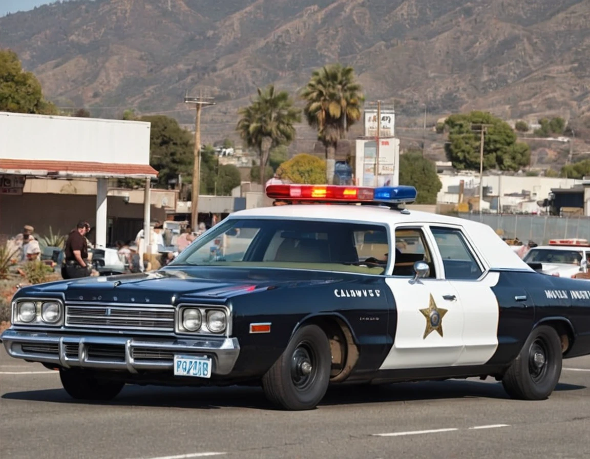 masterpiece、high quality。8k、Down Rt. 66, Nostalgic, Annual lighting display, california ,blue sky, sunny day, , 1Car, ,1974 Dodge Monaco  .California highway patrol police car is runnning at full speed
