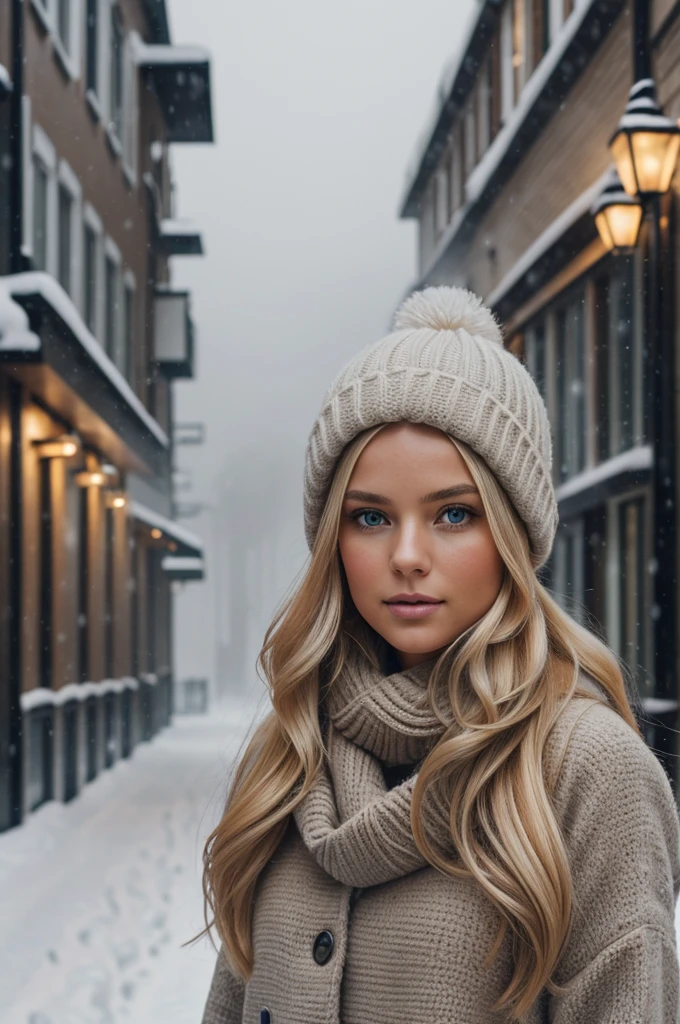 professional portrait photograph of a gorgeous Norwegian girl in winter clothing with long wavy blonde hair, sultry flirty look, gorgeous symmetrical face, cute natural makeup, wearing elegant warm winter fashion clothing, ((standing outside in snowy city street)), stunning modern urban environment, ultra realistic, concept art, elegant, highly detailed, intricate, sharp focus, depth of field, f/1. 8, 85mm, medium shot, mid shot, (((professionally color graded))), bright soft diffused light, (volumetric fog), trending on instagram, hdr 4k, 8k
