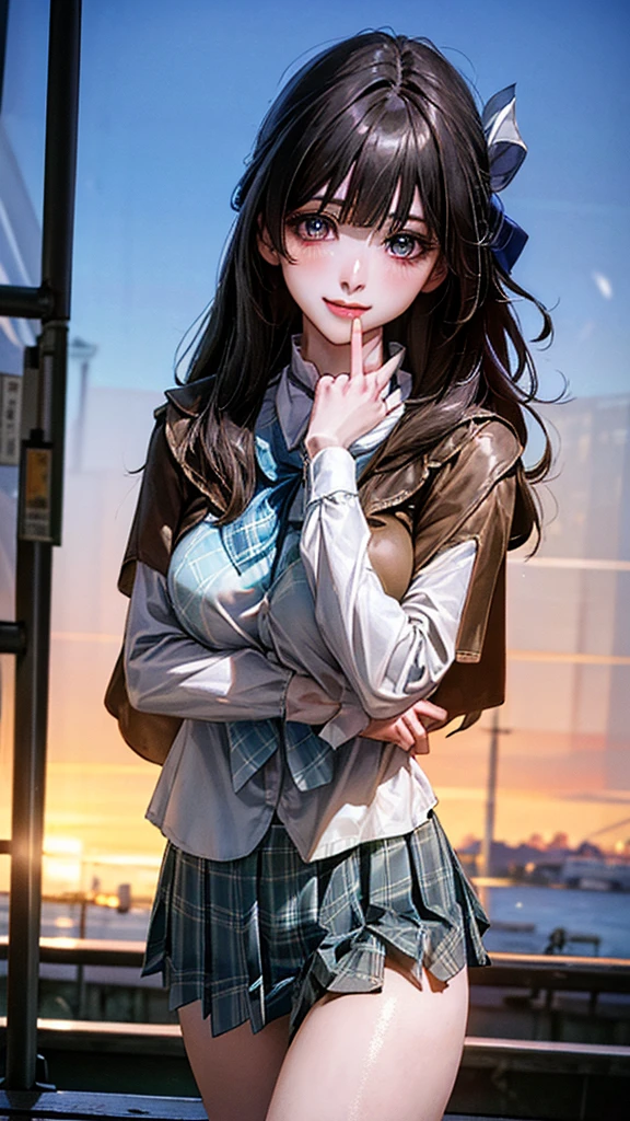 (masterpiece:1.2, top-quality), (realistic, photorealistic:1.4), beautiful illustration, (natural side lighting, movie lighting), nsfw,
looking at viewer, cowboy shot, front view:0.6, 1 girl, japanese, high school girl, perfect face, cute and symmetrical face, shiny skin,
(long hair:1.8, straight hair:1.7, black hair), blunt bangs, gold eyes, long eye lasher, (large breasts:0.8, thick thighs),
beautiful hair, beautiful face, beautiful detailed eyes, beautiful clavicle, beautiful body, beautiful chest, beautiful thigh, beautiful legs, beautiful fingers,
((white collared shirts, black jacket, grey pleated mini skirt, black socks, black loafers, blue plaid bow tie)),
(beautiful scenery), evening, riverside, standing, (lovely smile, upper eyes),