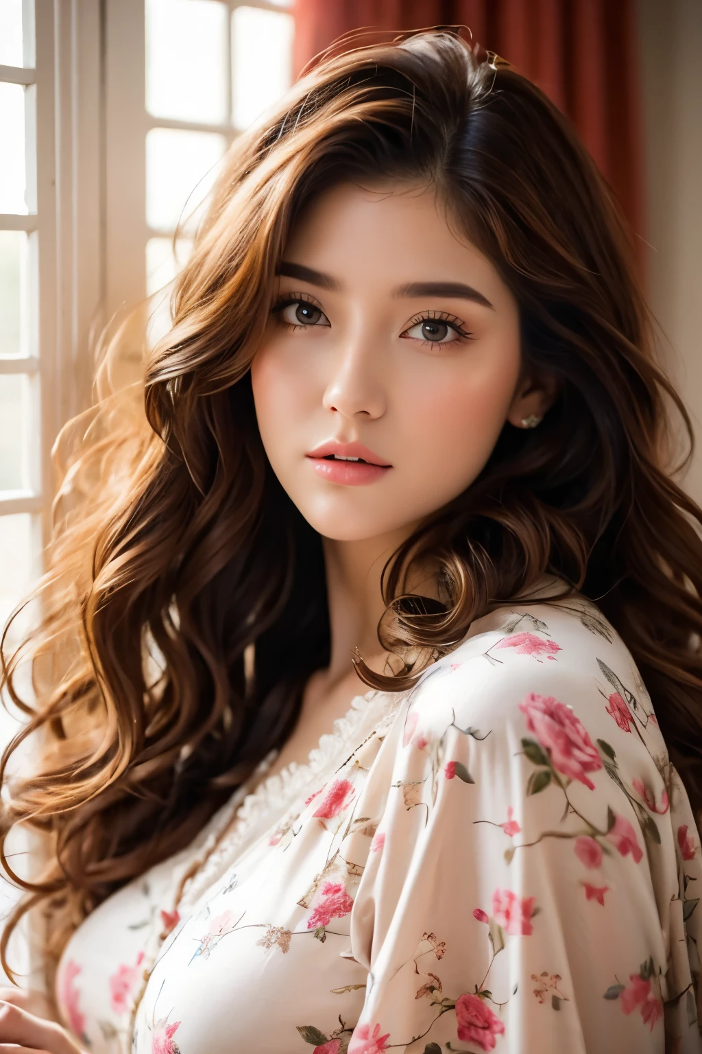 Extremely stunning beautiful girl,beautiful detailed eyes,beautiful detailed lips,extremely detailed face and skin,long eyelashes,detailed hair,silk nightgown, very detailed bedroom interior,luxury bedroom, floral bedsheets,silk curtains,crystal chandelier,warm ambient lighting,cinematic lighting,photorealistic,masterpiece,best quality,8k,ultra-detailed,vivid colors,soft focus,intricate details