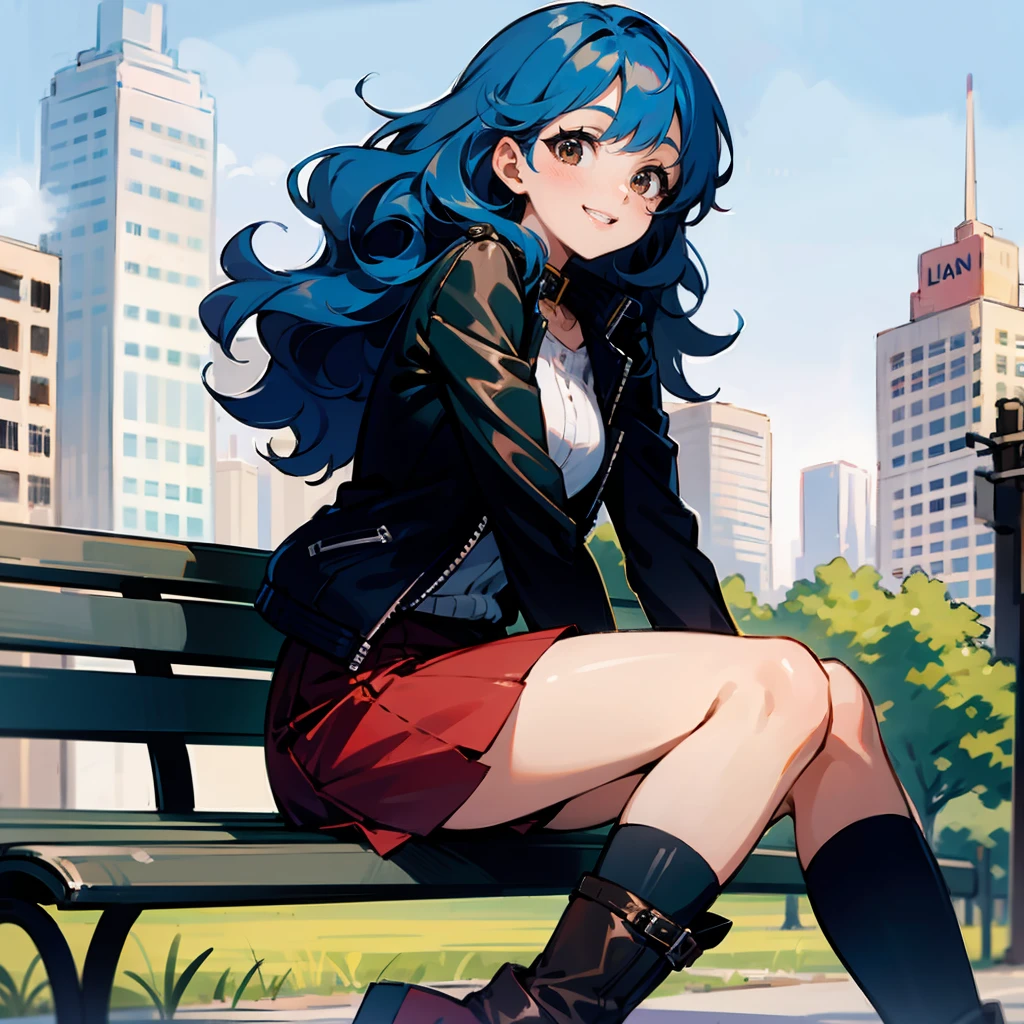 1female, Blue Hair, Black Leather Jacket, Wavy Hair, Red Skirt, Ankle Boots, Brown Eyes, Smiling, Slim, Young Female, City, Sitting on a Park Bench