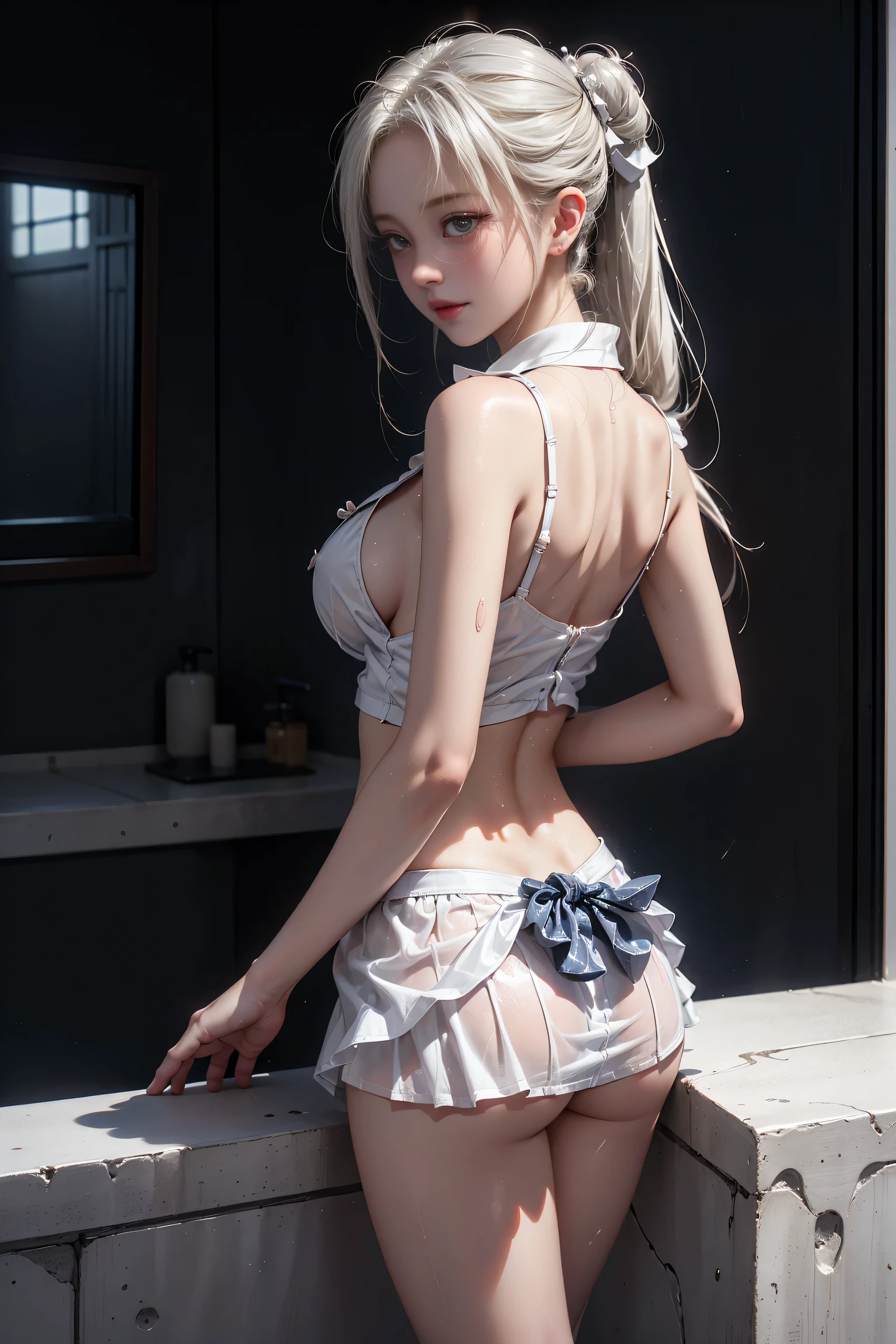 ((Girl Standing In Bathroom))、((Rear view))、((look back))、Highest quality works、Actual work、Ultra Premium Graphics、8K HD CG Works、High quality graphics、High-definition CG works、10x pixels、Extremely fine detail:1.1、Advanced technical details:1.1 Photorealistic、Indoor Lighting Effects:1.5、Natural light:1.5。Lighting Effects(Virtual Lighting Effects:1.8),Long silver hair((Eyes closed)),Thin eyebrows,High nose,Clean red lips,Rose Cheeks,Subtle makeup face,Cute Face,Perfectly balanced face,(Girl),A light-toned foundation enhances the clarity of your skin.。 ((High school girl standing in the shower room)),((Translucent wet white blouse、Red bow tie、Navy blue checked skirt)). 40k, photograph, Tabletop, Highest quality, Rain Background, ((Gorgeous wet light haired girl with beautiful eyes1 person, She has a beautiful face and))、((Wear glasses, ))。White skin, Mr.々A pose. ((Medium sized chest,:1.1)), Highest quality, Tabletop, Ultra-high resolution, (Real:1.4), RAWphotograph, (Perfect figure), (slim:1.3), Slim abdomen, Perfect slim figure, Dynamic Pose, (((Large :0. 9))、one person、Cold light 12000K、Highly detailed face and skin texture、Fine grain、Realistic eyes、Beautiful fine grain、(Real skin)、charm、Ultra-high resolution、surreal、Very detailed、((Soaking wet))、1 girl、(Light on face and chest)、(((((underboob)))))、Lower chest、Oily skin、Are thin、(The underside of the chest is slightly visible)、(I can see under my chest、Belly button and ribs visible)、The hips and lower abdomen are visible、((Pull up your skirt))、((White panties are visible))、