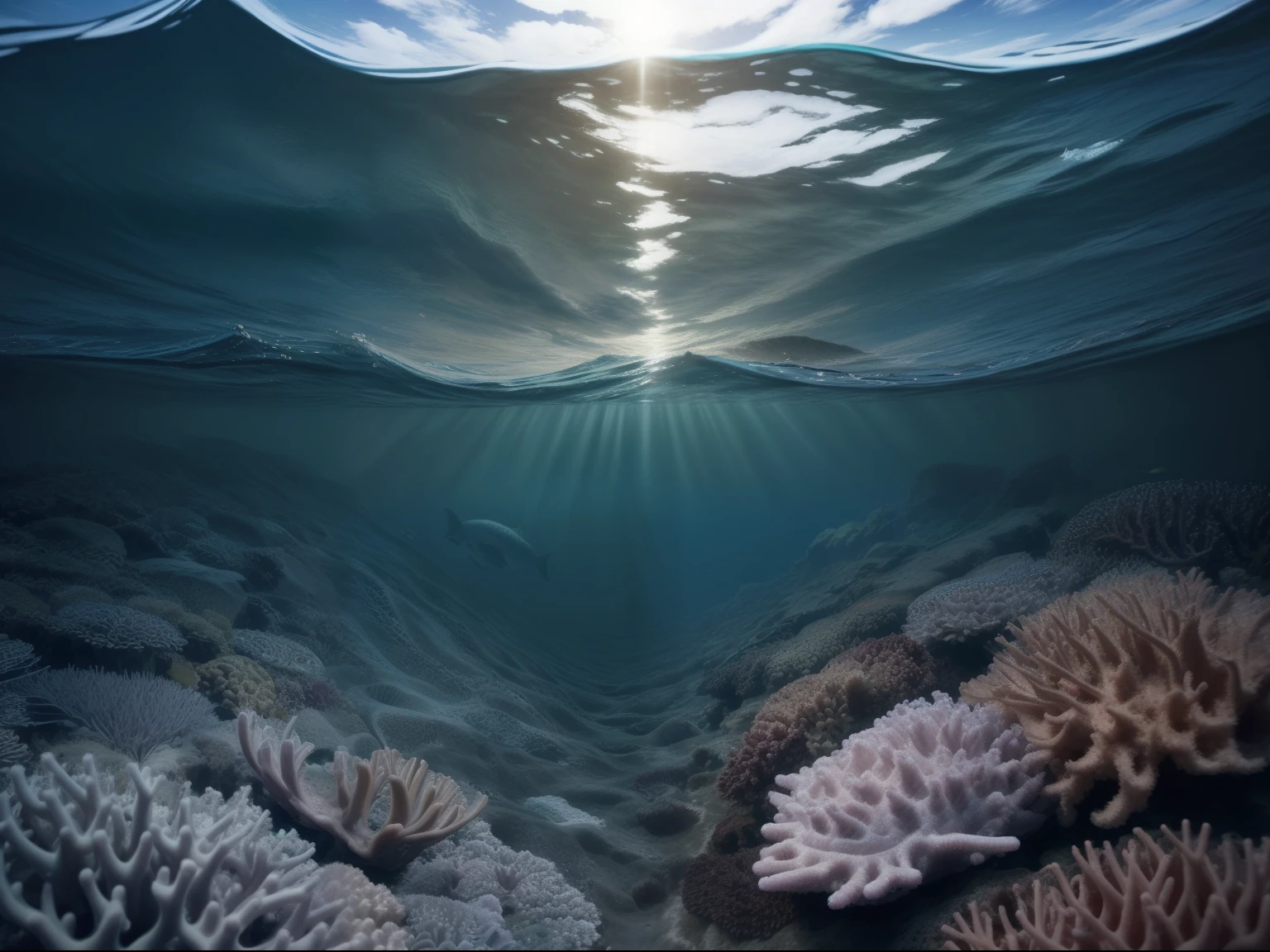 Sky,ocean,ocean creatures,seabed,The splicing should not feel inconsistent。