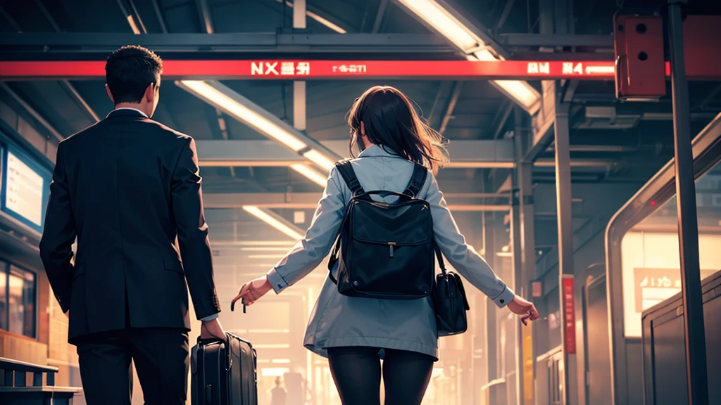 The back of a woman seeing off a man at the station