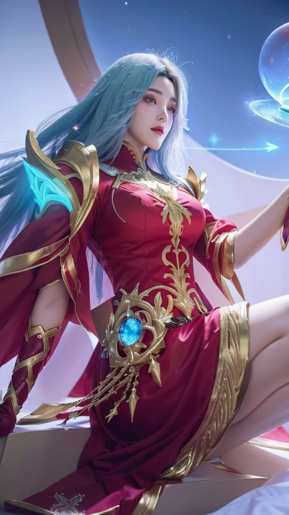 a woman in a red dress holding a crystal ball, beautiful celestial mage, extremely detailed artgerm, portrait knights of zodiac girl, ig model | artgerm, maya ali as a lightning mage, star guardian inspired, astri lohne, artgerm detailed, knights of zodiac girl, official splash art, star guardians, style artgerm,((BEST quality,8k,Masterpiece:1.3)),upper body,,Sharp focus:1.2,Beautiful Woman with perfect figure,higly detailed facial and skin teksture,Detail eyes,double eyelids,interior view,ferpect lightning,