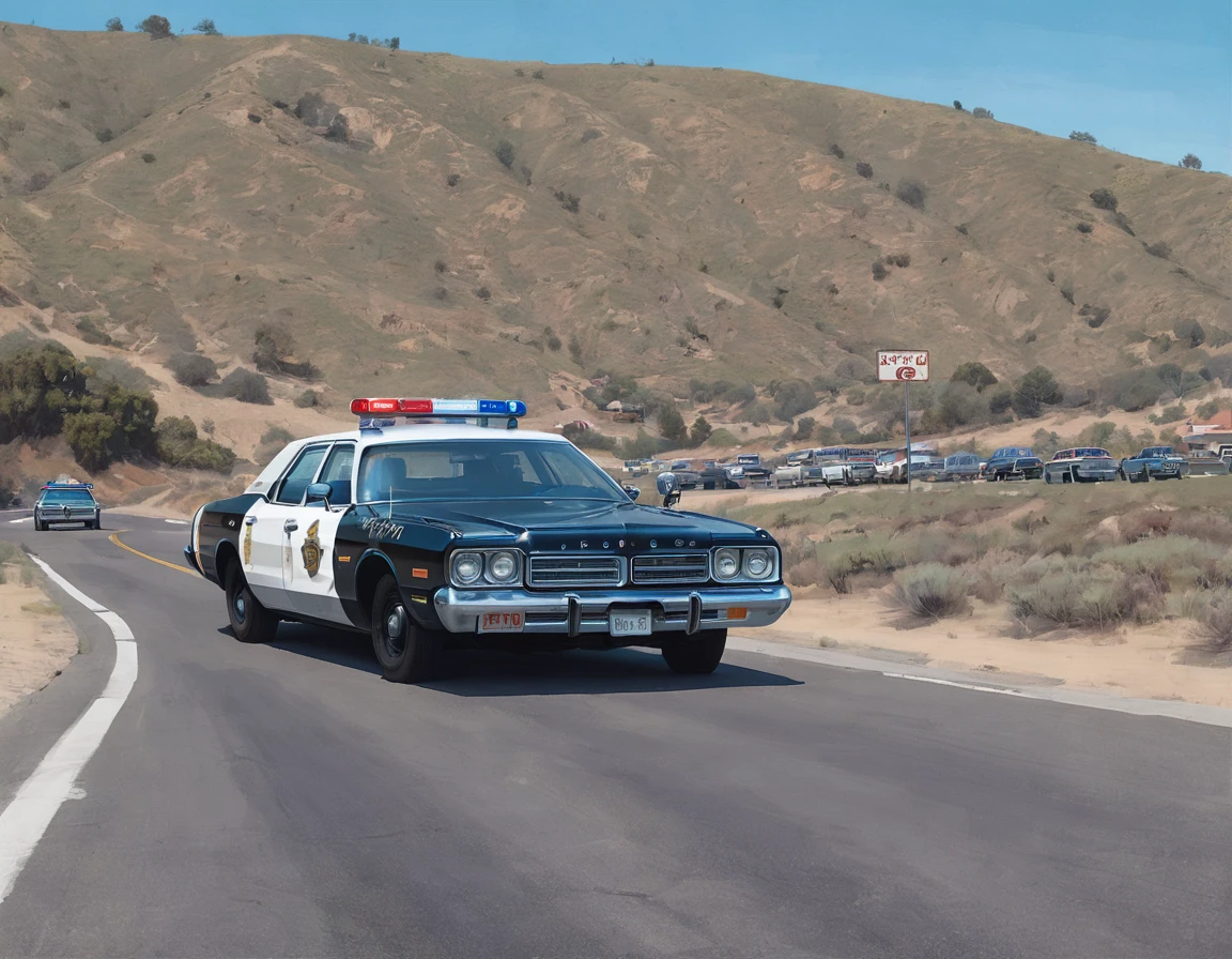 masterpiece、high quality。8k、Down Rt. 66, Nostalgic, Annual lighting display, california ,blue sky, sunny day, , 1Car, ,1974 Dodge Monaco .California highway patrol police car is runnning at full speed