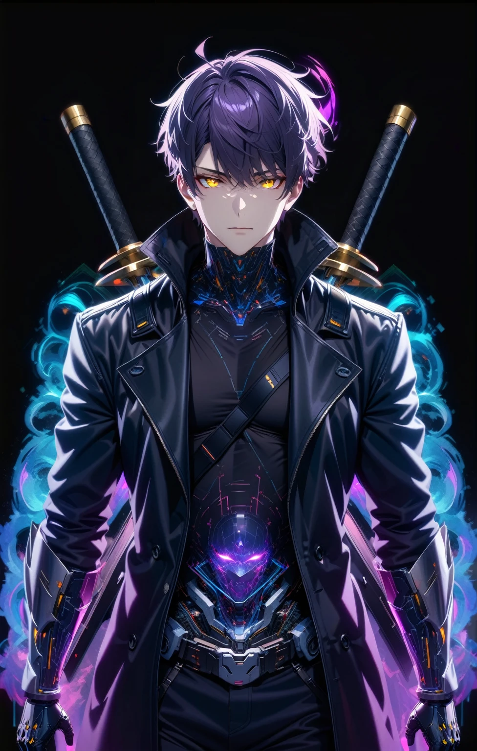 Masterpiece, Best Quality, Super Detailed, High Definition, Expensive Resolution, HDR, Super Detailed CG, Beautiful Details, Depth, Fine Texture, Super Fine, Complete concentration, Pale skin, Handsome man, smart and cool man, confident, short hair, white hair, purple hair highlight, beautiful detail eyes, yellow eyes, glowing eyes, Black shirt and white jacket, beautiful detailed glow, extremely detailed eyes and face, futuristic, hlpr, (hologram, glitch, holographic face, ui, interface, nodes), 