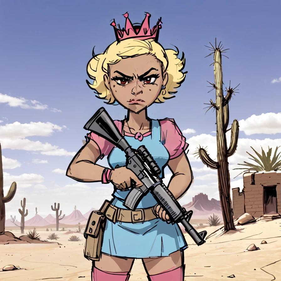 Princess Cookie, Angry and Mad, Frown, holding Uzi Rifle, Desert 