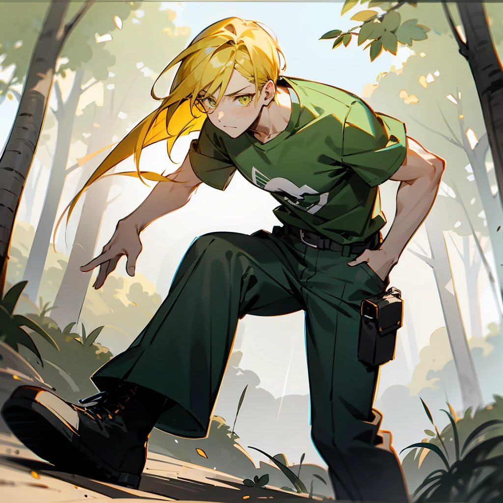 1male, Bright Yellow Hair, Green T-shirt, Straight Hair, Grey Cargo Pants, Combat Boots, Amber Eyes, Calm Expression, Athletic, Young Male, Forest, Walking along a Path