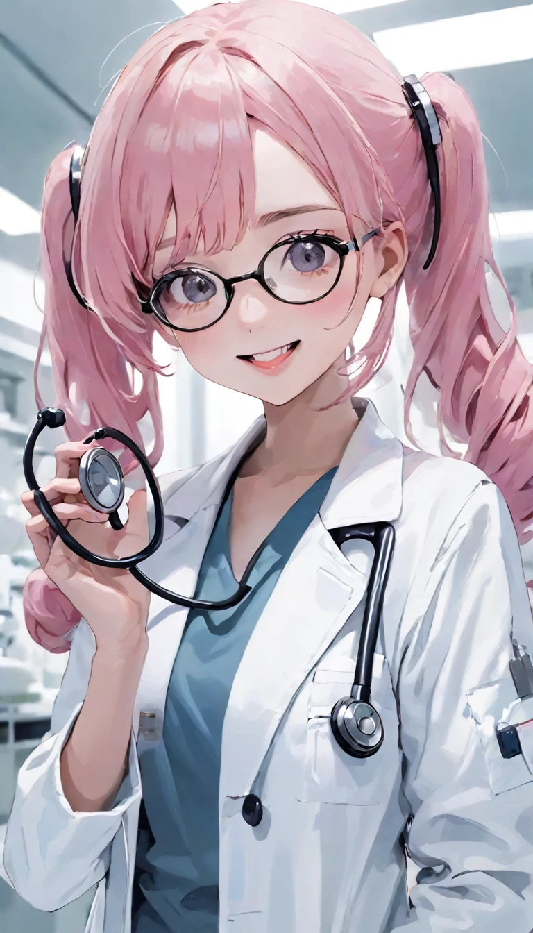 Highest quality、masterpiece、One Girl、22 years old、White skin、Wicked Smile:0.8、Open your mouth、Sharp teeth、Pink Hair。Twin tails、Hair Clip、big hair clip、Cute Hair Clips、Grey Eyes、Small red cheeks and nose、break、美人看護師 holding a Stethoscope in hers hand, with a Stethoscope, doctor, medical doctor, Female doctor, (doctor), Health management worker, Stethoscope, Medical Imaging, Stethoscope!, Medical Photography, Wearing a white coat and glasses, Clean medical environment, Wearing a white coat, doctors mirror, Wearing a white coat, Health management, Marketing Photos
