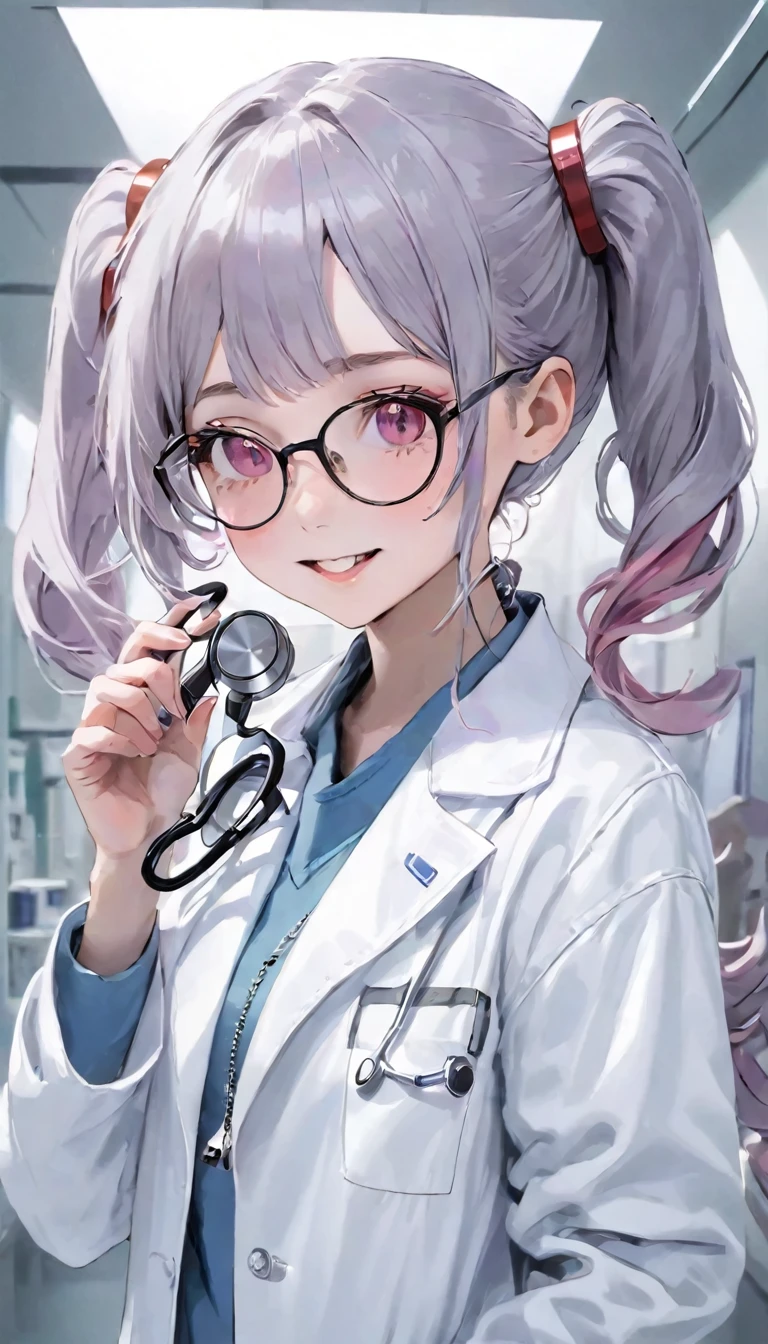Highest quality、masterpiece、One Girl、22 years old、White skin、Wicked Smile:0.8、Open your mouth、Sharp teeth、Pink Hair。Twin tails、Hair Clip、big hair clip、Cute Hair Clips、Grey Eyes、Small red cheeks and nose、break、美人看護師 holding a Stethoscope in hers hand, with a Stethoscope, doctor, medical doctor, Female doctor, (doctor), Health management worker, Stethoscope, Medical Imaging, Stethoscope!, Medical Photography, Wearing a white coat and glasses, Clean medical environment, Wearing a white coat, doctors mirror, Wearing a white coat, Health management, Marketing Photos