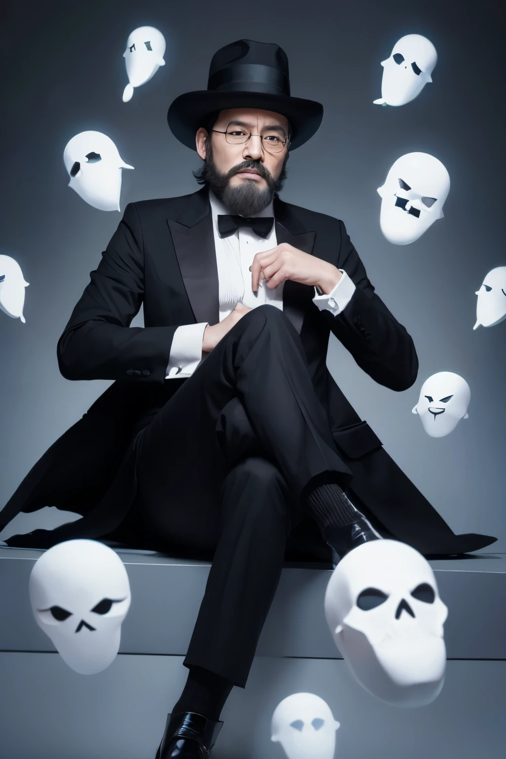 A know-it-all villain-style doctor wearing a black tuxedo and black hat with a white beard。My feet are floating like ghosts