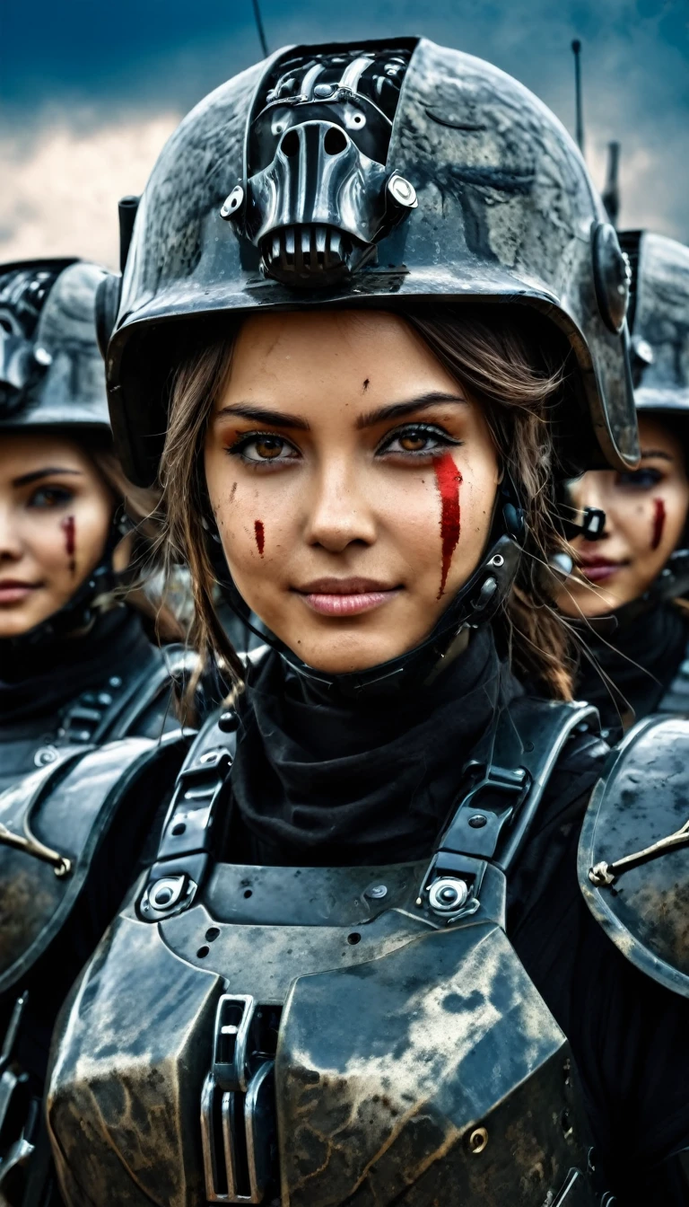 Close-up of a ((beautiful girl warior)) , half human, half wolf, their faces partially obscured by military helmets. Their eyes are filled with sadness and longing. The background is a trail of blood and violence. SHe wears a mechanized robot armor, carved with animal elements, human skulls. The sky is filled with swirling, fiery clouds. The photo conveys a strong sense of the warrior's appearance, ((smiling)).