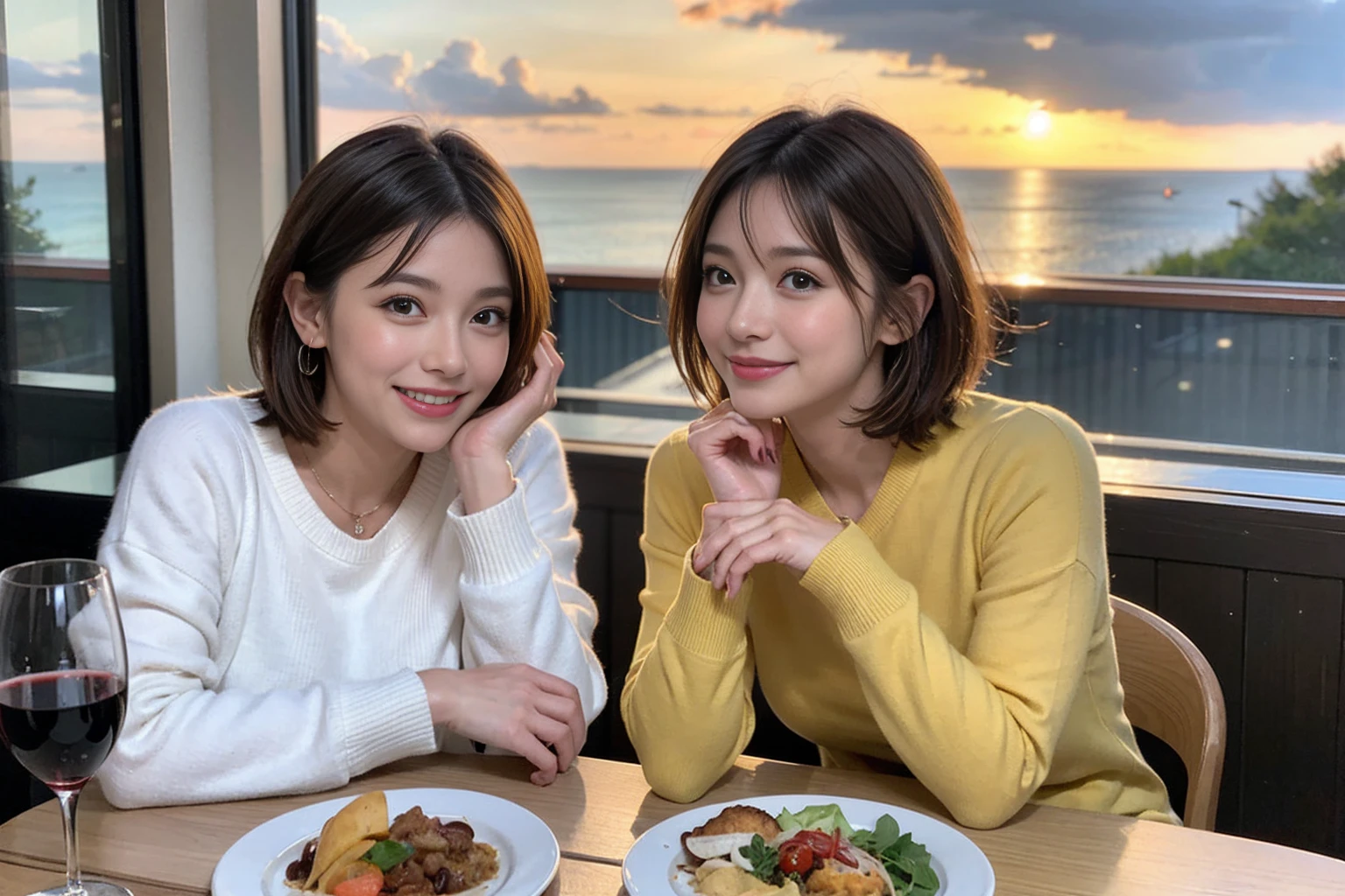 (Realistic:1.1),(masterpiece,Highest quality),8k,(49 years old), 47 years old, slimカップル、Model Couple、actress/actor、Tight waist,Upper Body,full-course dinner、wine 、Amazing view of the sunset sky and clouds、Perfect Anatomy, Brown Hair, short hair,Random Hairstyles,((Highly detailed face and eyes:1.2))(cute顔:1.4),美しいactressの顔,Perfect golden ratio face,Long sleeve shirt、dress,(smile:1.2)、Shortcuts、cute、(Realistic, Intricate details:1.2), A bright smile、short hair,Bright Face、赤wine 、Appetizers、Italian food、wine bottle、Champagne、スパークリングwine、(slimな顔), (The body is slim), (Brown Hair), (Shortcuts), Upper Body, 白wine, slim, wineグラス,