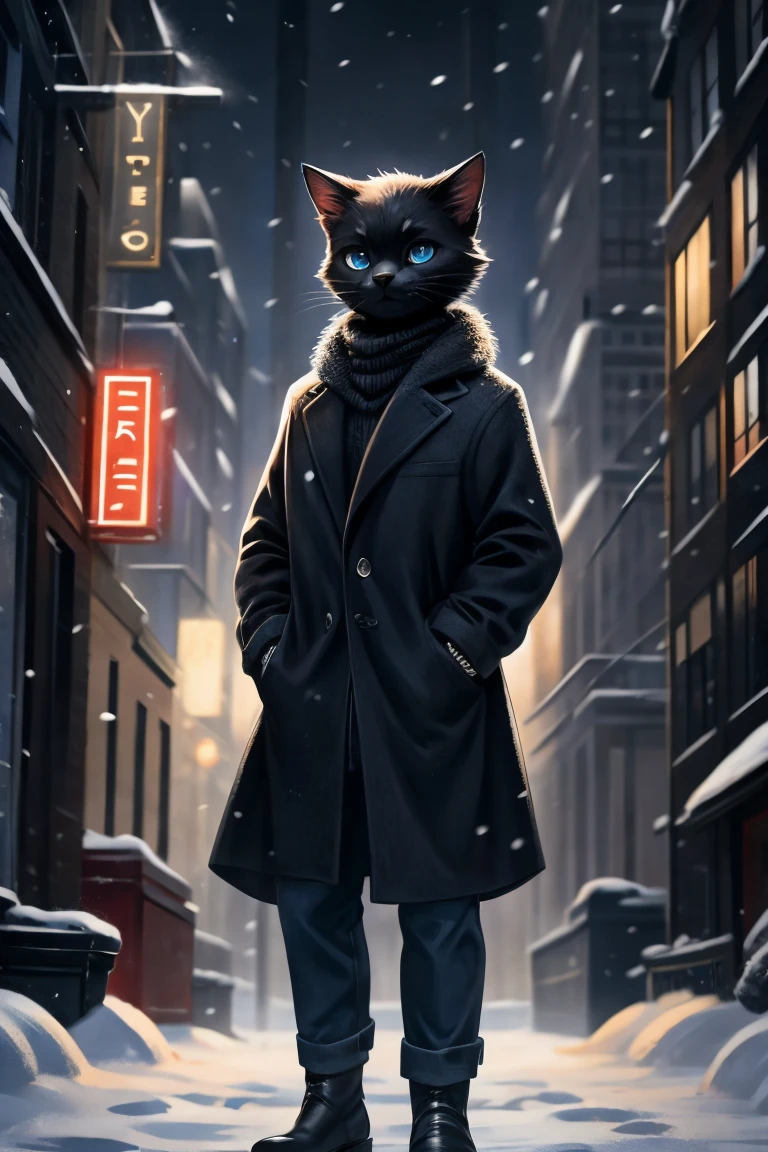 solo, 1boy, black cat, white muzzle, black nose, black bang, blue eyes, cat pupils, dressed in black wool sweater with a neck, grey drape coat and dark blue jeans, night, 50s city, winter, snow, half-body