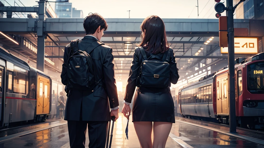 The back of a woman seeing off a man at the station