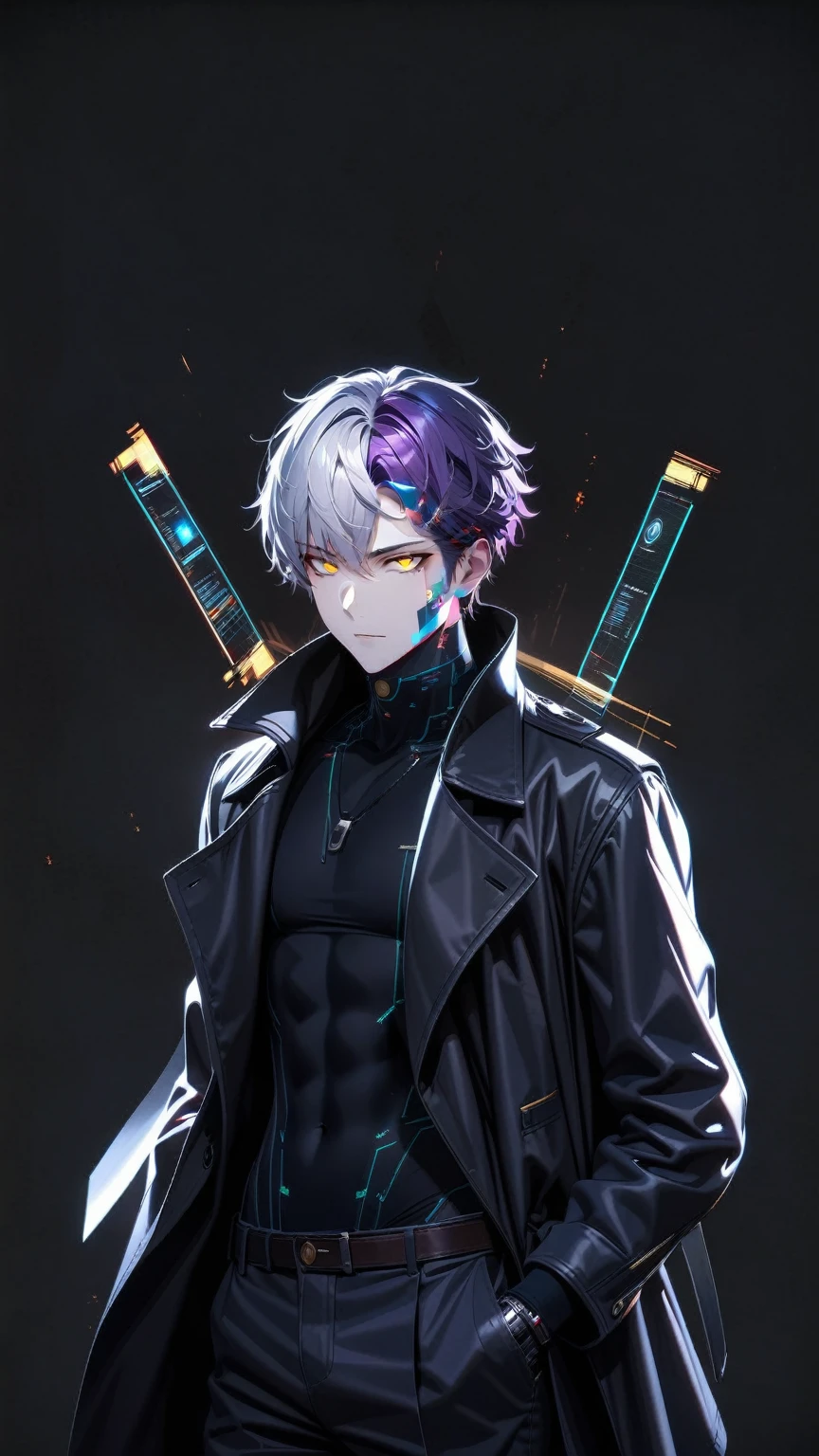 Masterpiece, Best Quality, Super Detailed, High Definition, Expensive Resolution, HDR, Super Detailed CG, Beautiful Details, Depth, Fine Texture, Super Fine, Complete concentration, Pale skin, Handsome man, smart and cool man, confident, short hair, white hair, purple hair highlight, beautiful detail eyes, yellow eyes, glowing eyes, Black shirt and white jacket, beautiful detailed glow, extremely detailed eyes and face, futuristic, hlpr, (hologram, glitch, holographic face, ui, interface, nodes),