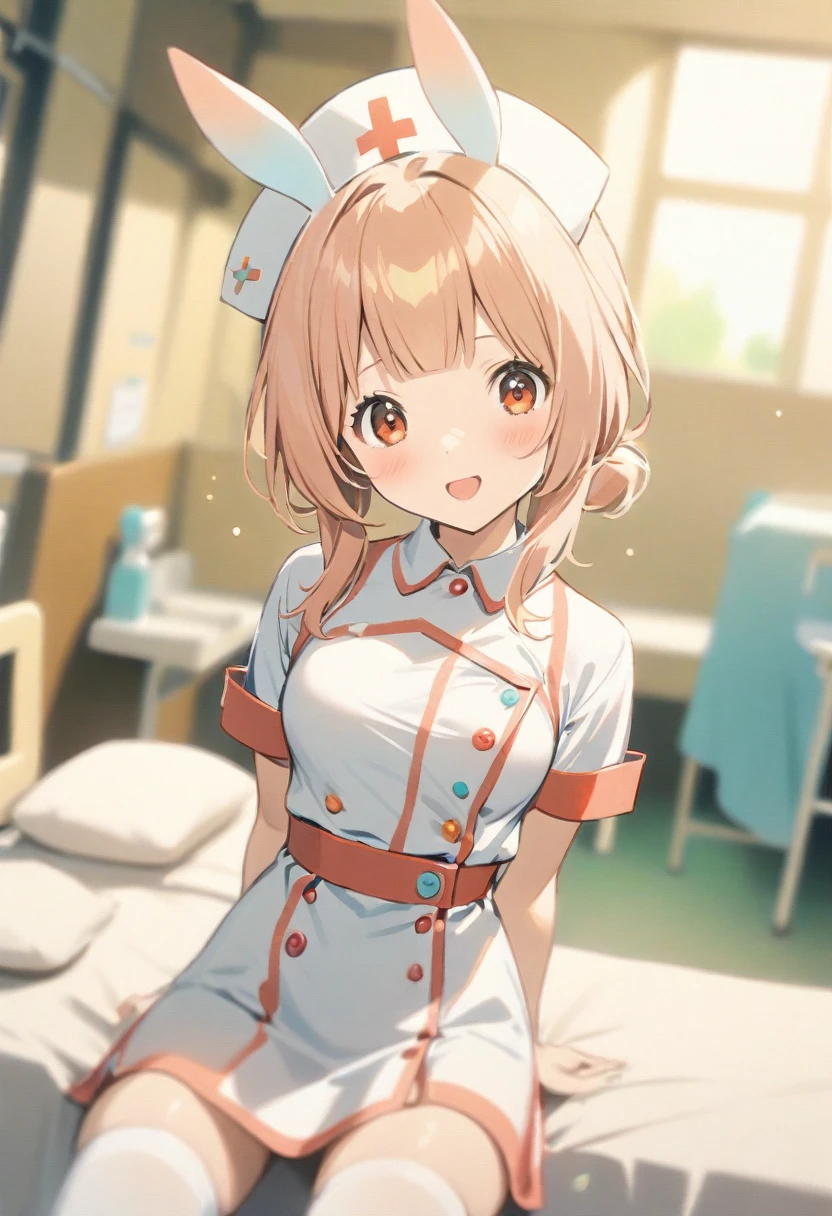 1girl, solo,thighhighs,smile, :d, sitting,open mouth, breasts, looking at viewer, blurry foreground, blush, depth of field, medium breasts, white thighhighs, ctwitter username, dutch angle, blurry,indoors,Nurse,Nurse uniform,Ward, bed,Hands behind your, Sigewinne (genshin impact),medium Breasts,red_eyes ,nurse,Bunny ears