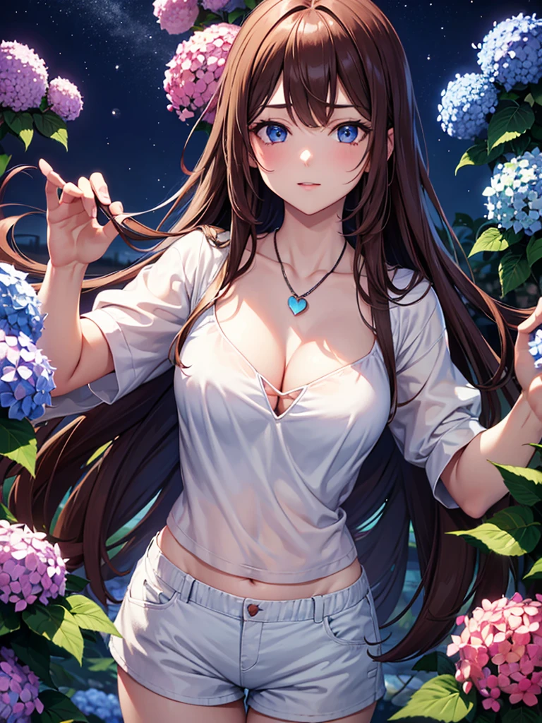 4K, June scenery, Beautiful woman, Long hair, Brown hair, Medium breasts, blue eyes, White shirt, Hot Pants, Neon Red Heart Necklace, Looking at the audience, night, Colorful hydrangea