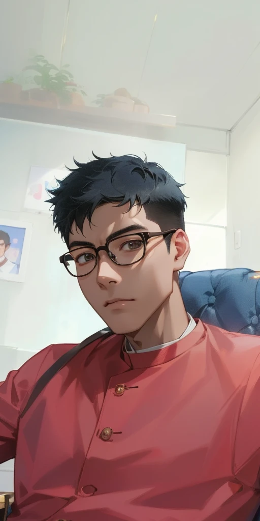 there is a man with glasses sitting in a chair with a remote, 2 7 years old, 2 8 years old, ren heng, yanjun chengt, 2 3 years old, 2 2 years old, stanley artgem lau, 2 9 years old, 21 years old, liang xing, xintong chen, with glasses, leng jun