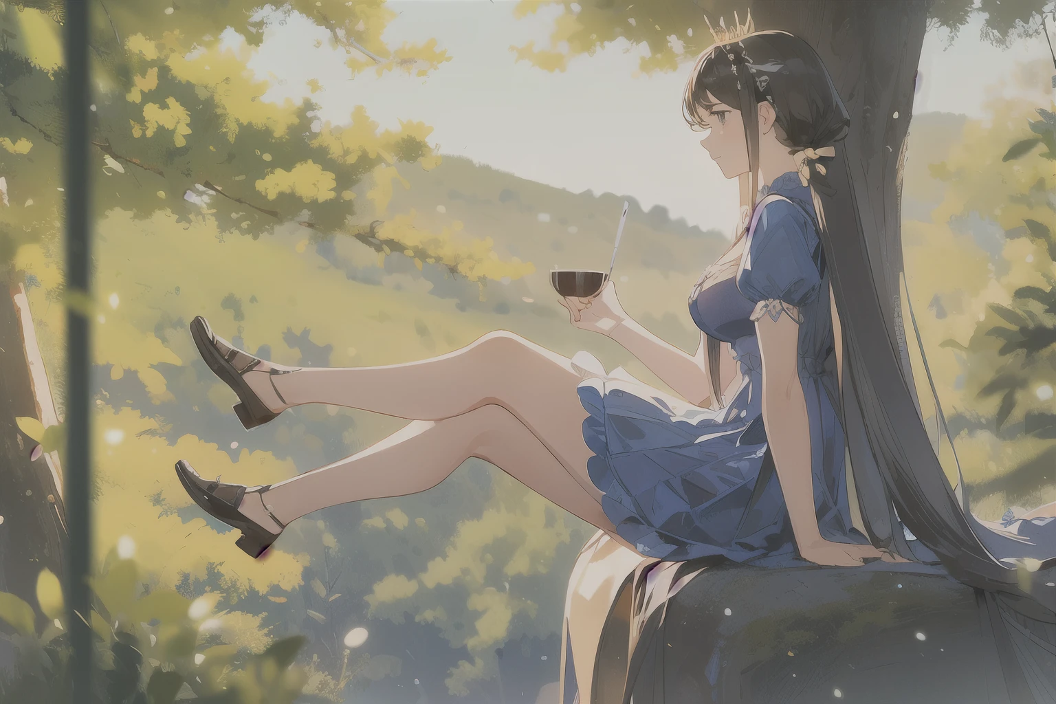 Young woman, dress, поза is sitting, is sitting, is sitting возле дерева, tree, Forest background, pie, tea